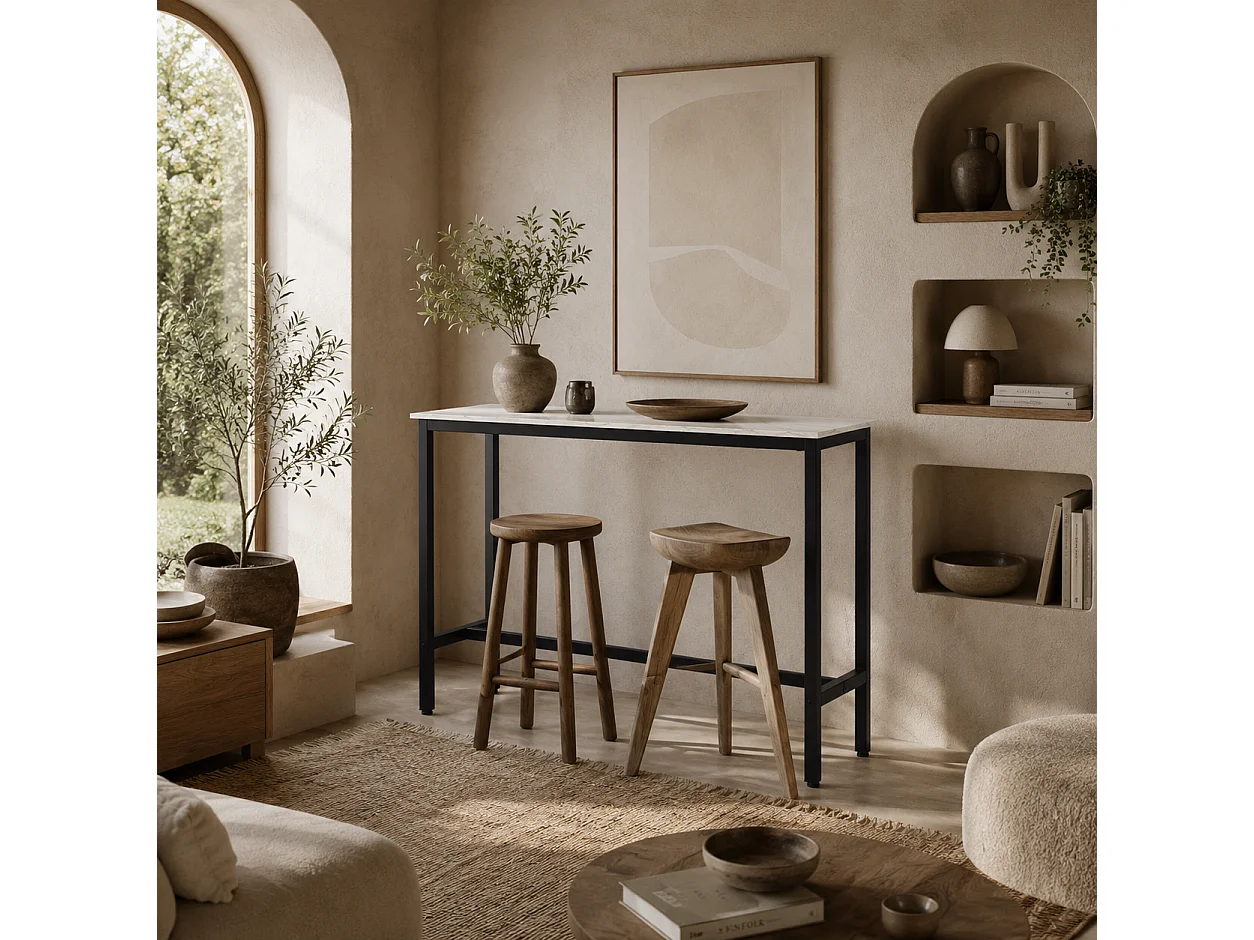 Nanotti Industrial Bar Table 120x40cm White and Black Marble Grain Top