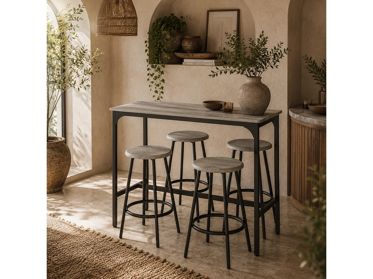 Finani 5 Piece Industrial Bar Table and Stool Set Grey and Black