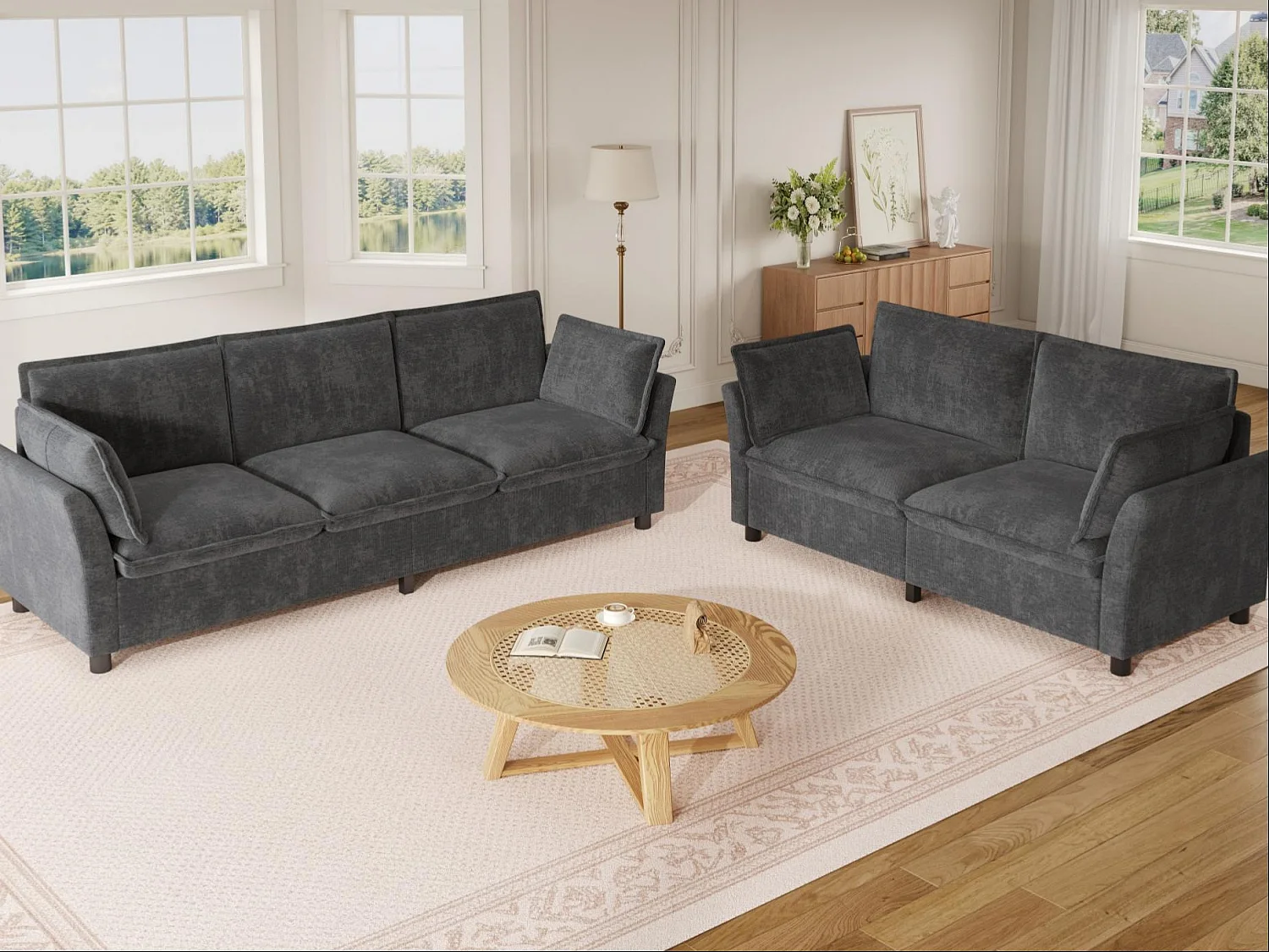 Ensemble Canapé 3+2 Modulaire "Effet Nuage" en Tissu Chenille, Canapé 3 Places et 2 Places Ergonomique, Style Moderne - Gris