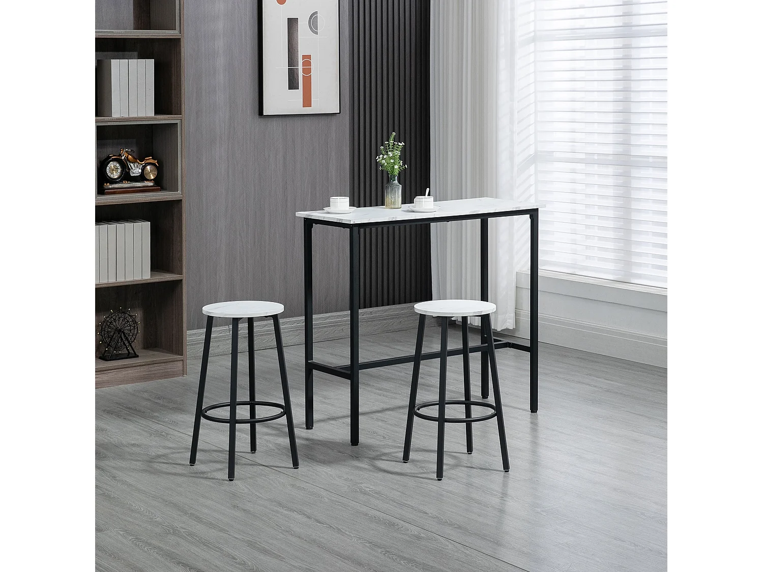 Telano Marble Effect White and Black 3 Piece Bar Table and Stool Set