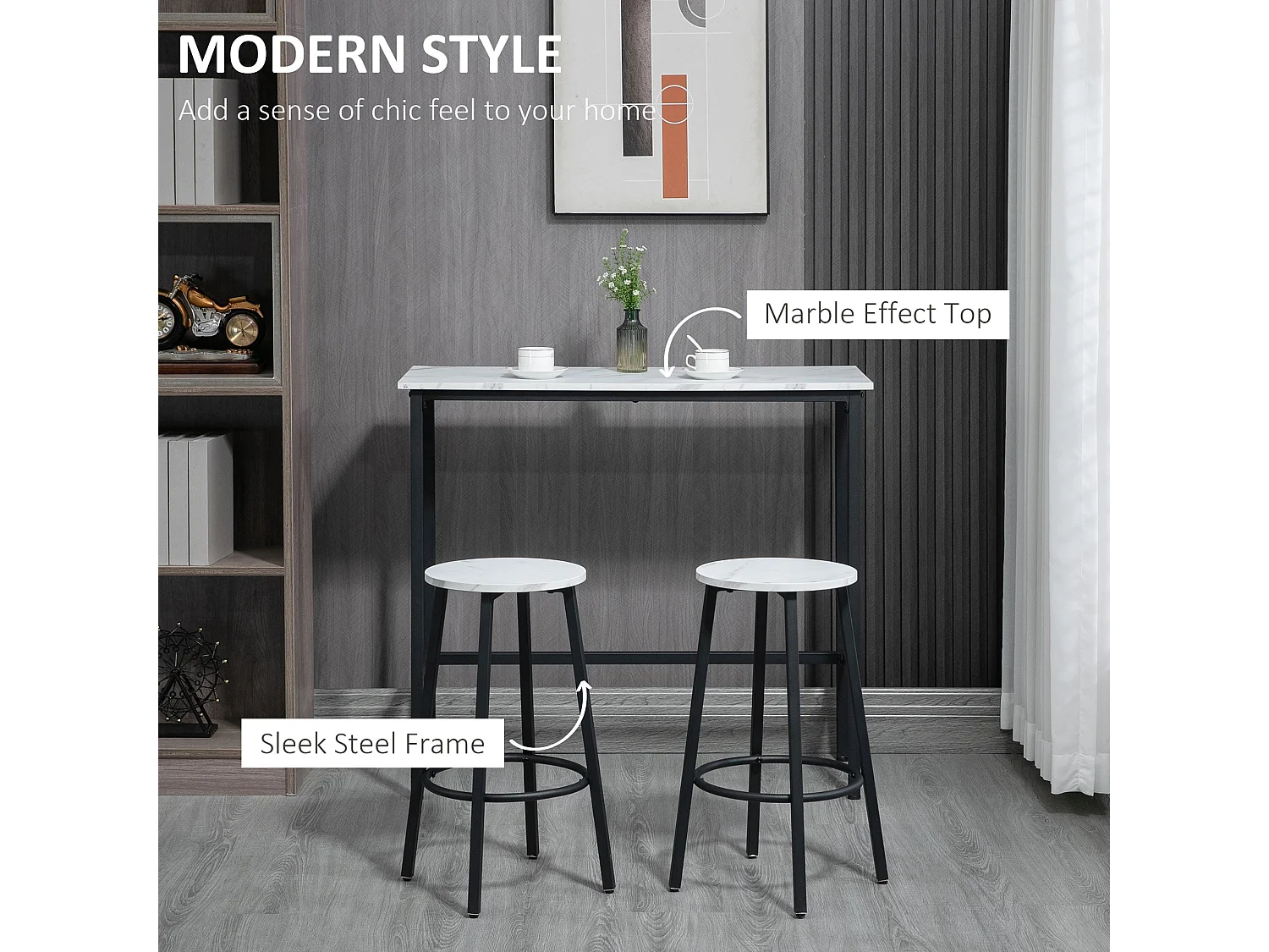 Telano Marble Effect White and Black 3 Piece Bar Table and Stool Set