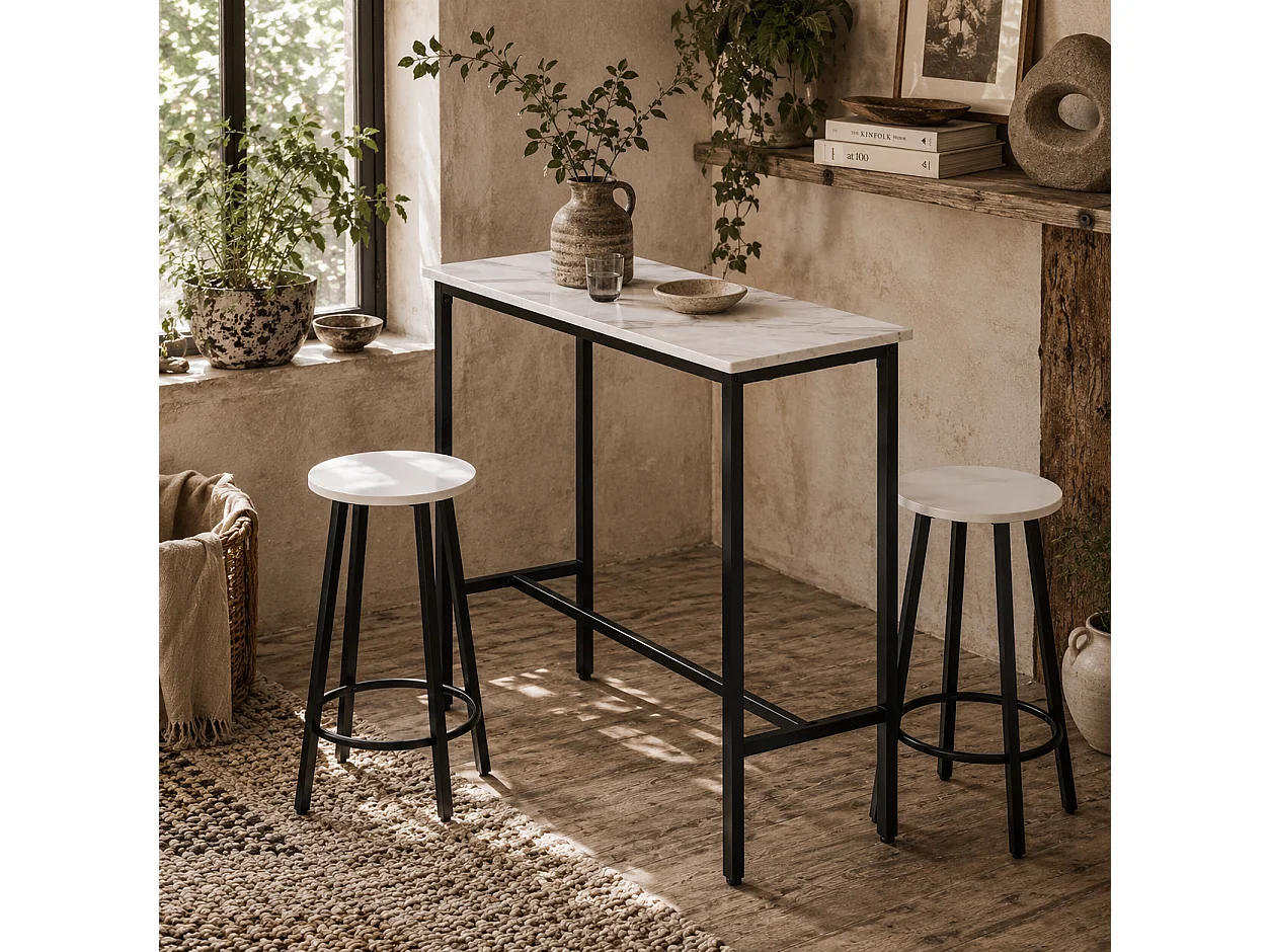Telano Marble Effect White and Black 3 Piece Bar Table and Stool Set