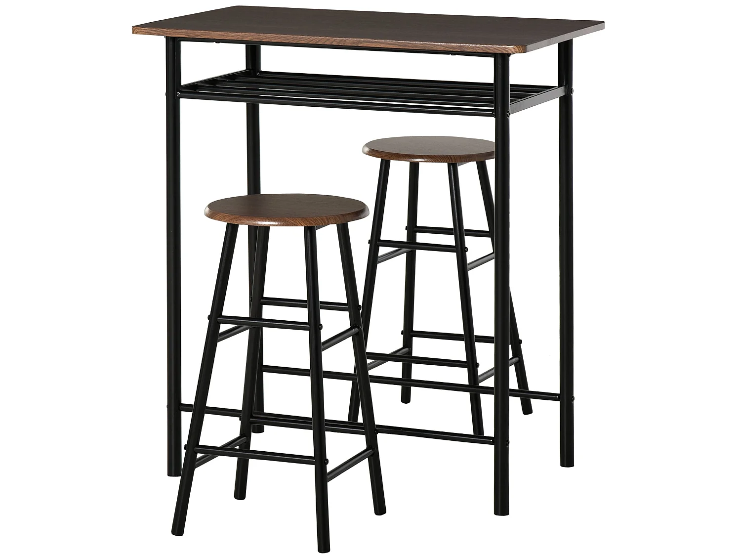 Yoliba 3 Piece Breakfast Bar Table and Stool Set Black and Oak with Storage Shelf