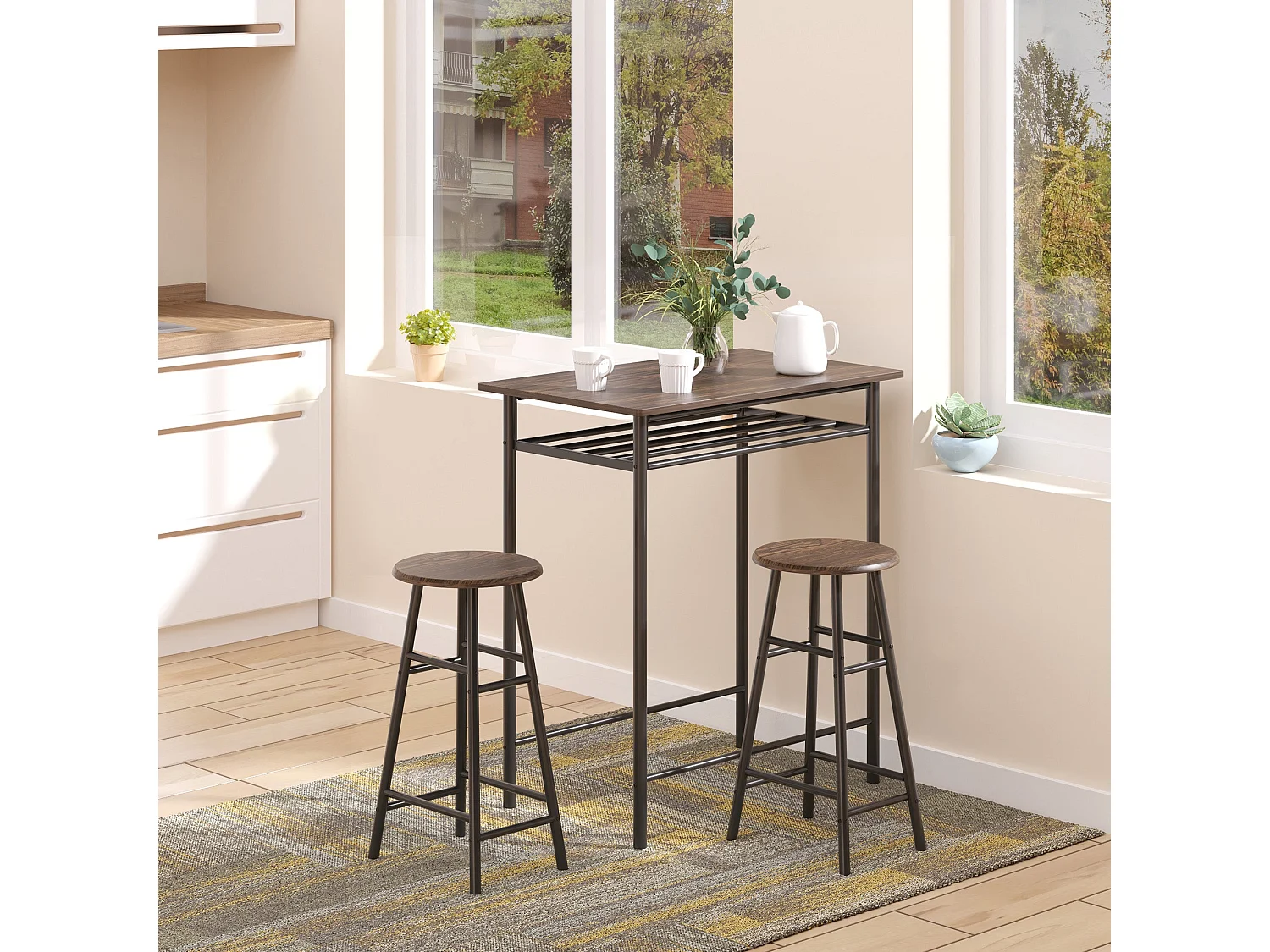 Yoliba 3 Piece Breakfast Bar Table and Stool Set Black and Oak with Storage Shelf