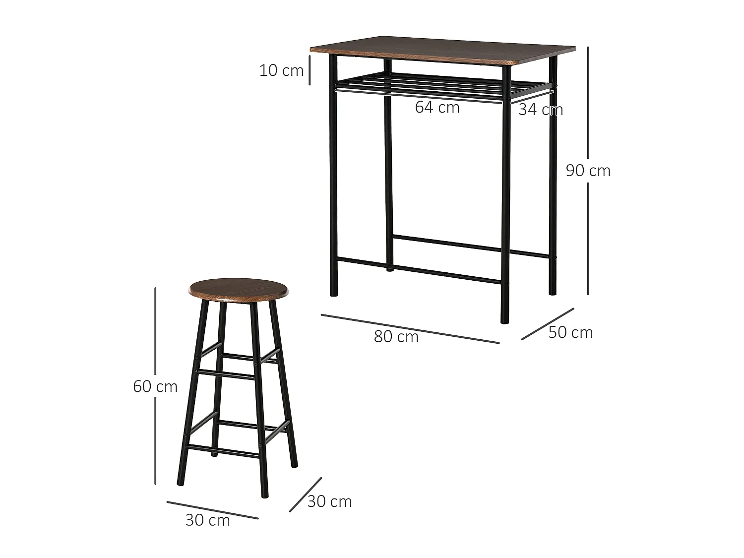 Yoliba 3 Piece Breakfast Bar Table and Stool Set Black and Oak with Storage Shelf
