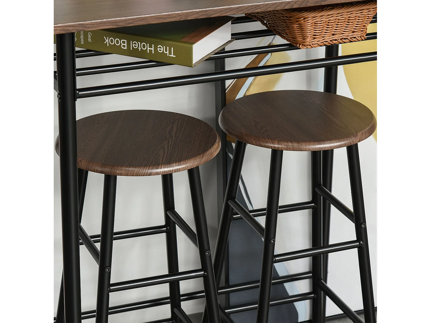 Yoliba 3 Piece Breakfast Bar Table and Stool Set Black and Oak with Storage Shelf