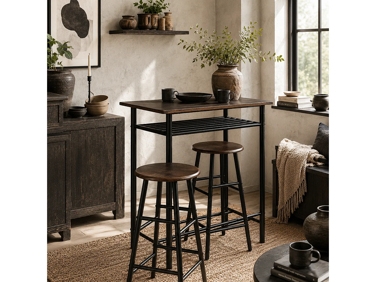 Yoliba 3 Piece Breakfast Bar Table and Stool Set Black and Oak with Storage Shelf