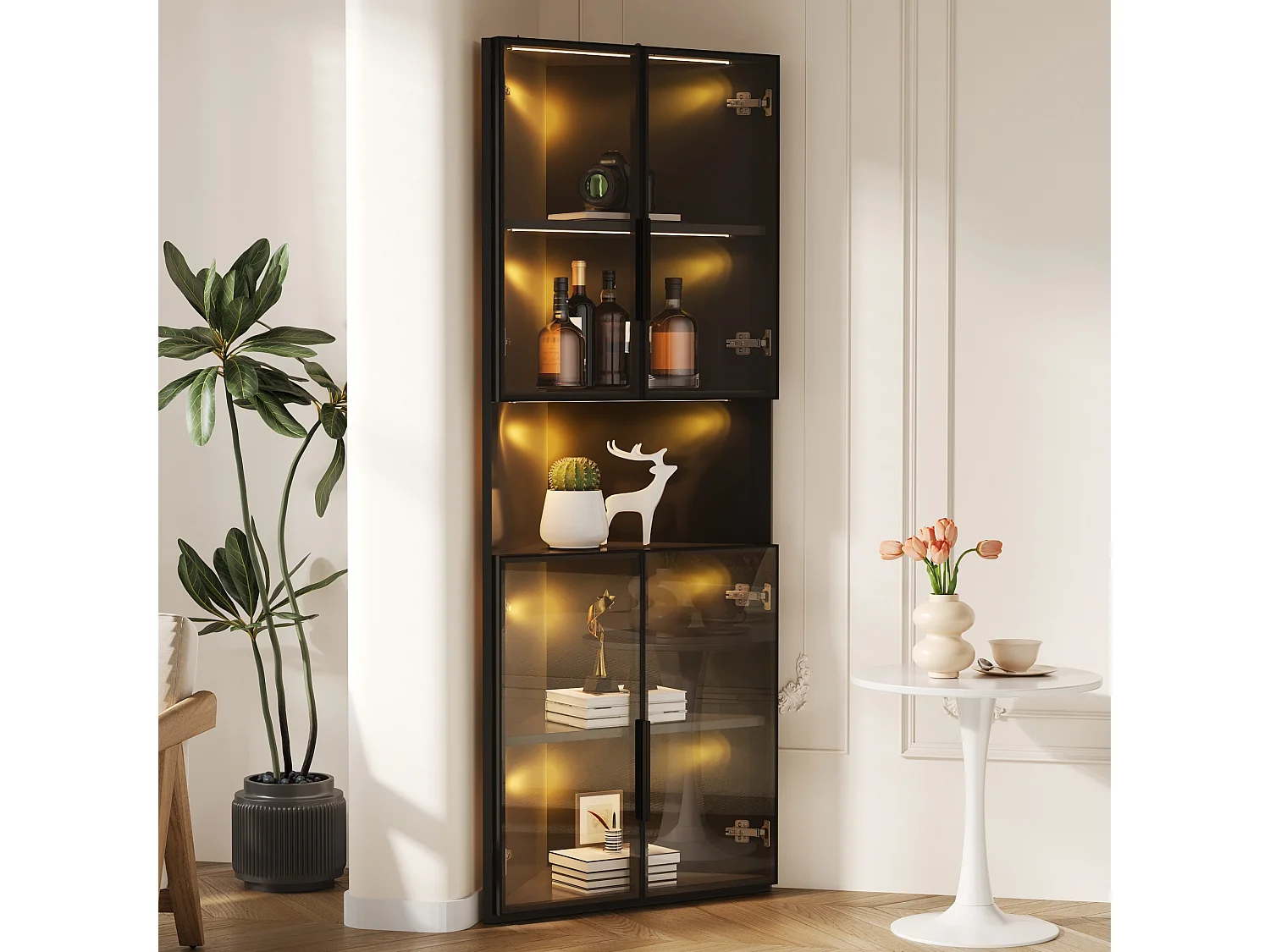 Dreieckige Vitrine 62 × 32 × 160 cm - Eckschrank mit LED-Beleuchtung - 4 Glastüren und offenes mittleres Regal - Schwarz