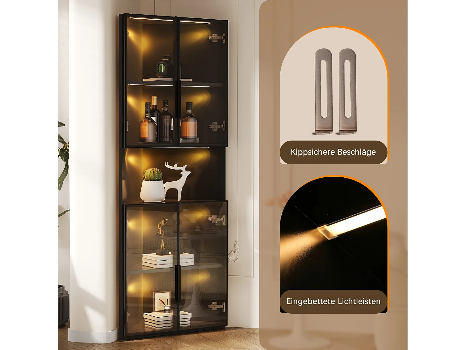 Dreieckige Vitrine 62 × 32 × 160 cm - Eckschrank mit LED-Beleuchtung - 4 Glastüren und offenes mittleres Regal - Schwarz