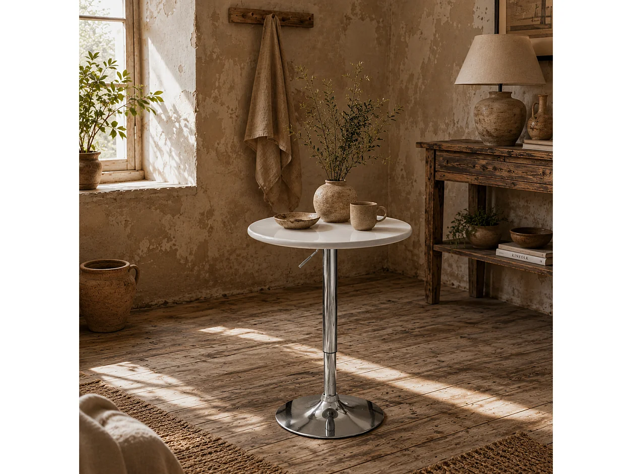 Nisapa White Adjustable Round Bar Table with Swivel Top and Steel Base