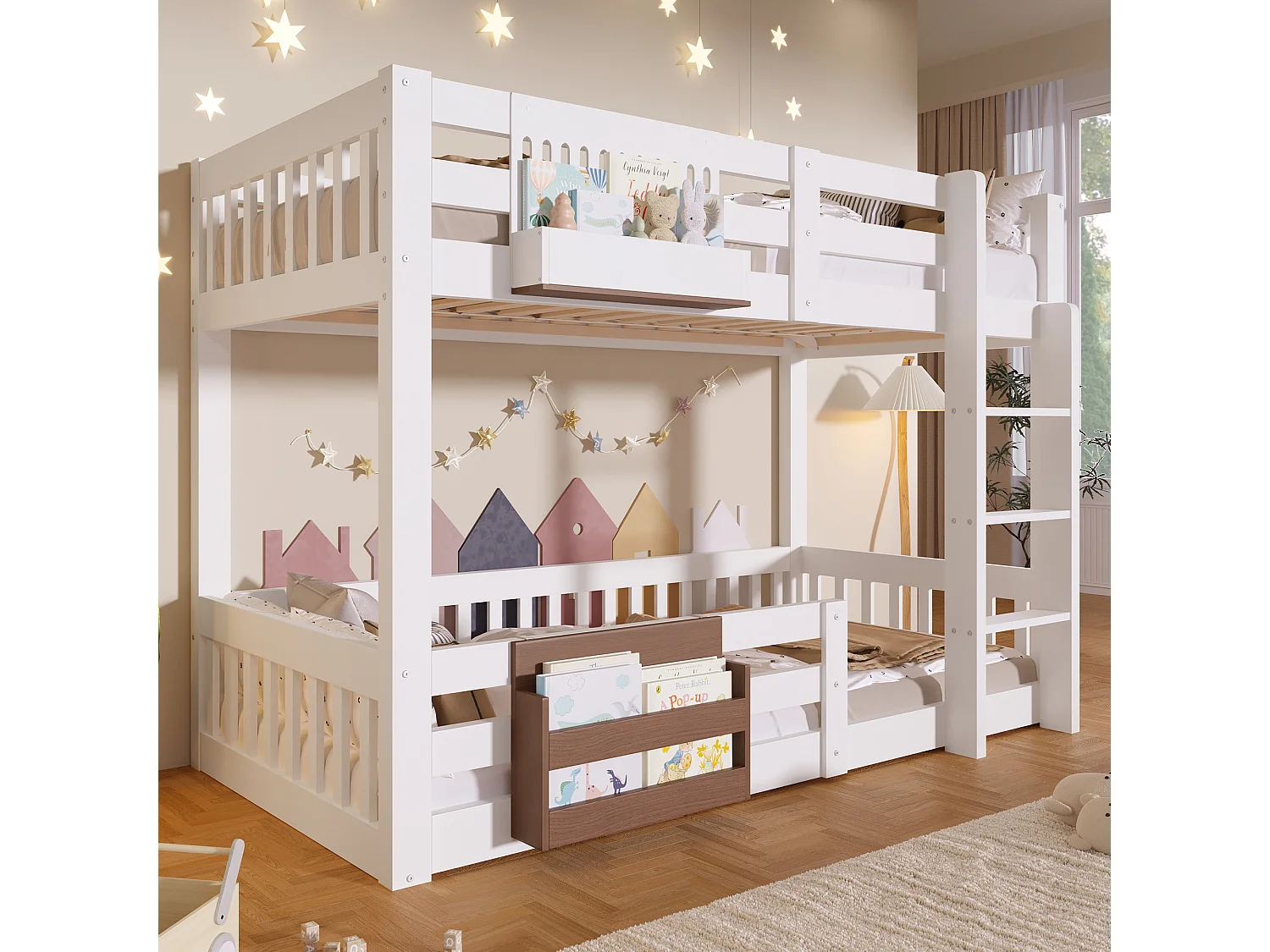 Lit superposé 90x200 cm - avec compartiments de rangement - avec barrières de sécurité - avec échelle - blanc (matelas non inclus)