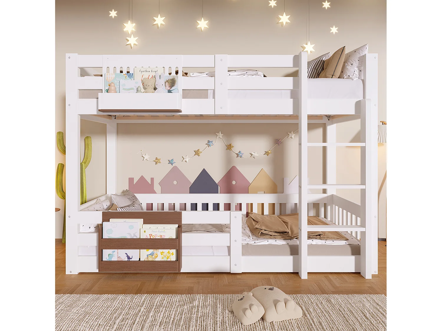 Lit superposé 90x200 cm - avec compartiments de rangement - avec barrières de sécurité - avec échelle - blanc (matelas non inclus)