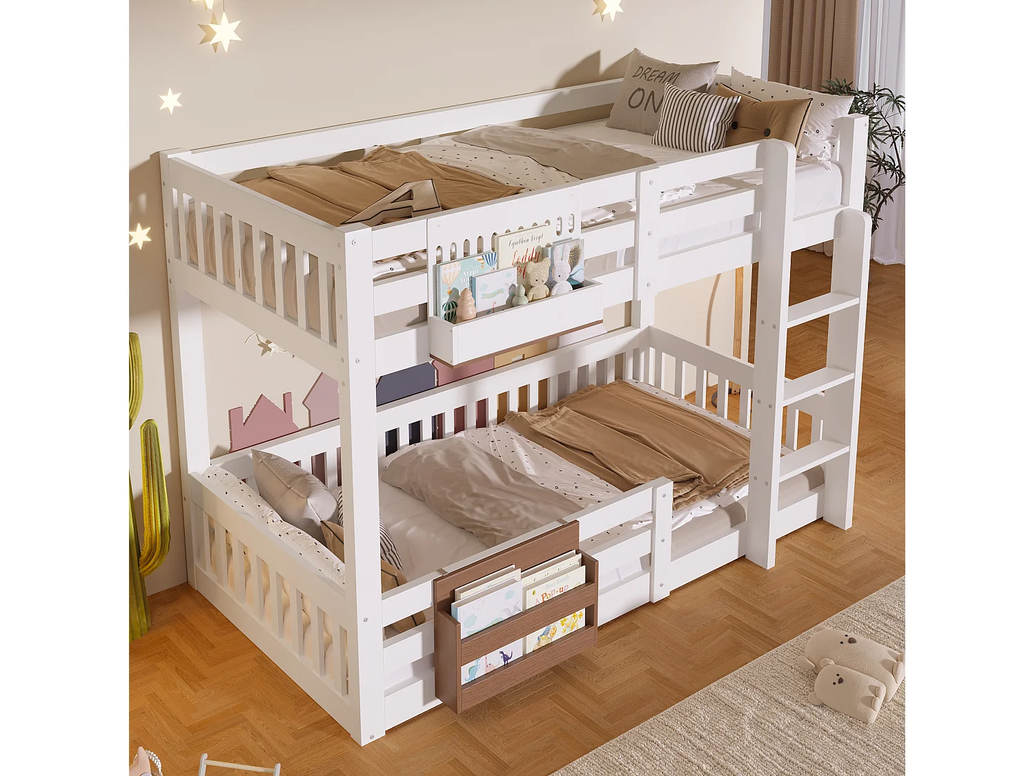 Lit superposé 90x200 cm - avec compartiments de rangement - avec barrières de sécurité - avec échelle - blanc (matelas non inclus)