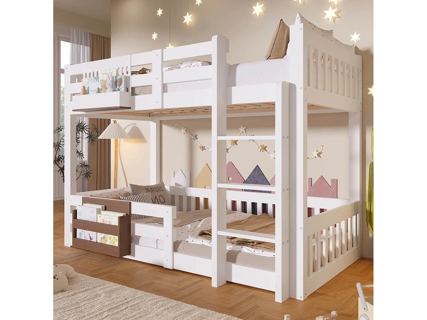 Lit superposé 90x200 cm - avec compartiments de rangement - avec barrières de sécurité - avec échelle - blanc (matelas non inclus)