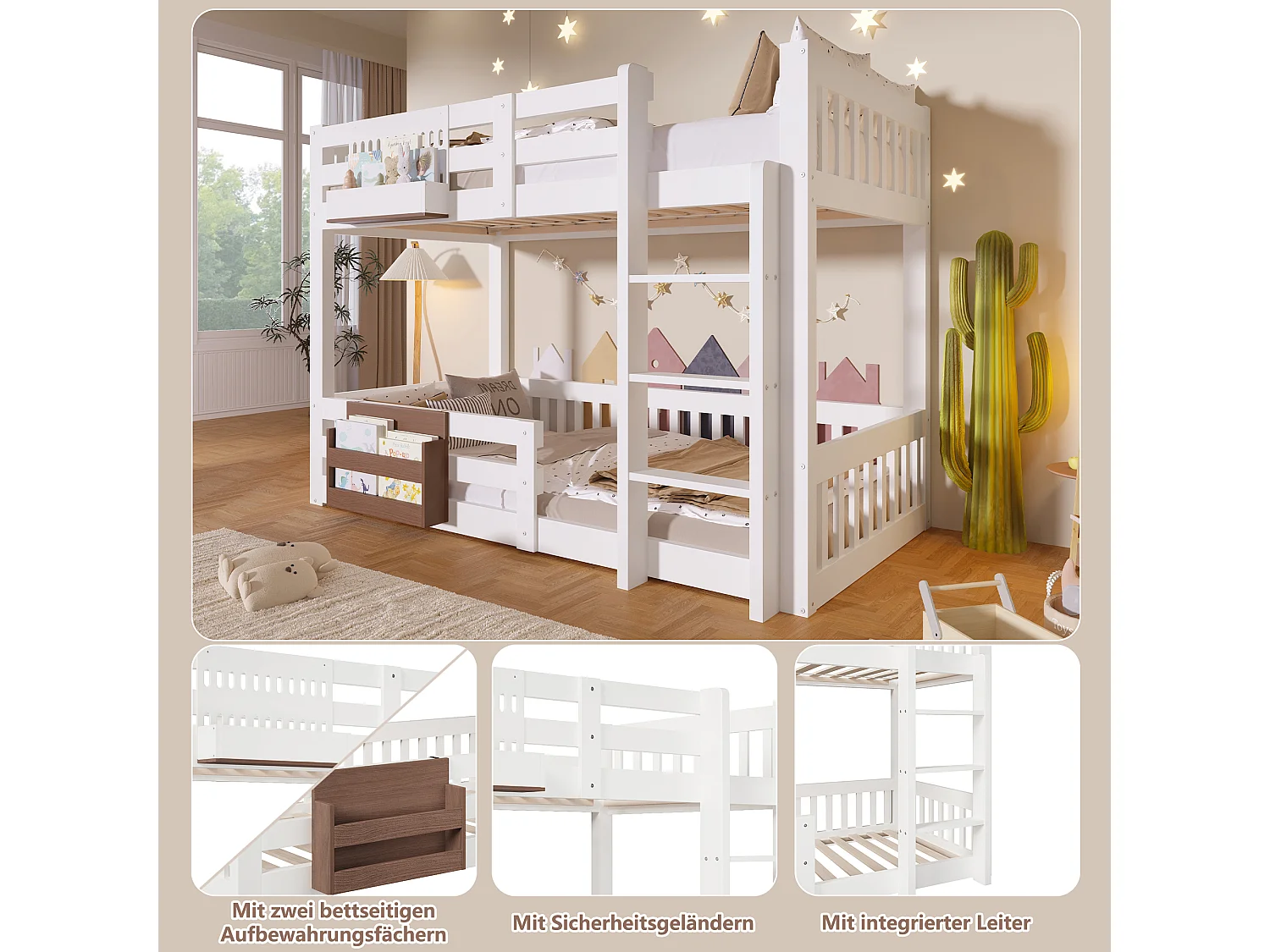 Lit superposé 90x200 cm - avec compartiments de rangement - avec barrières de sécurité - avec échelle - blanc (matelas non inclus)