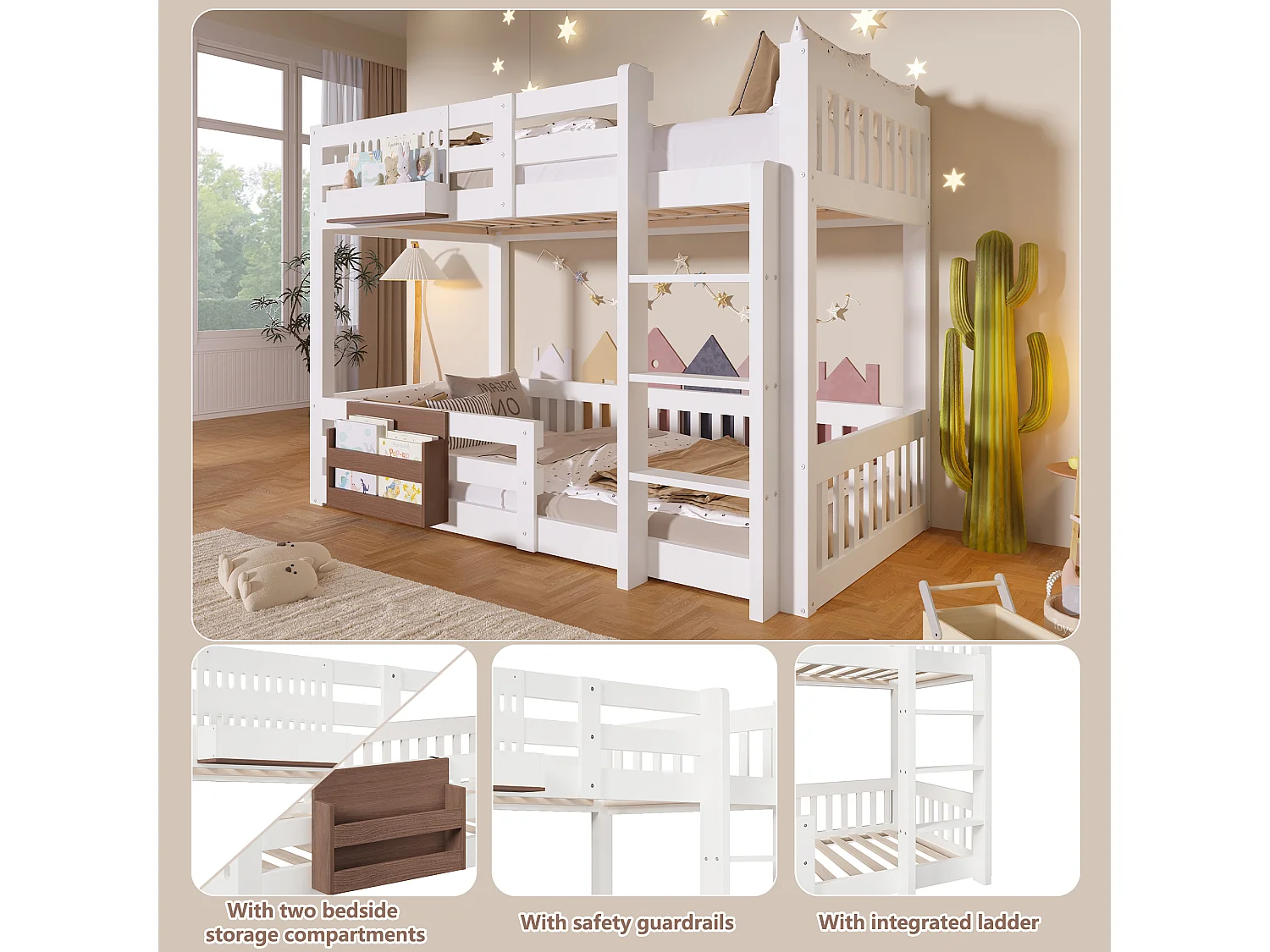 Lit superposé 90x200 cm - avec compartiments de rangement - avec barrières de sécurité - avec échelle - blanc (matelas non inclus)