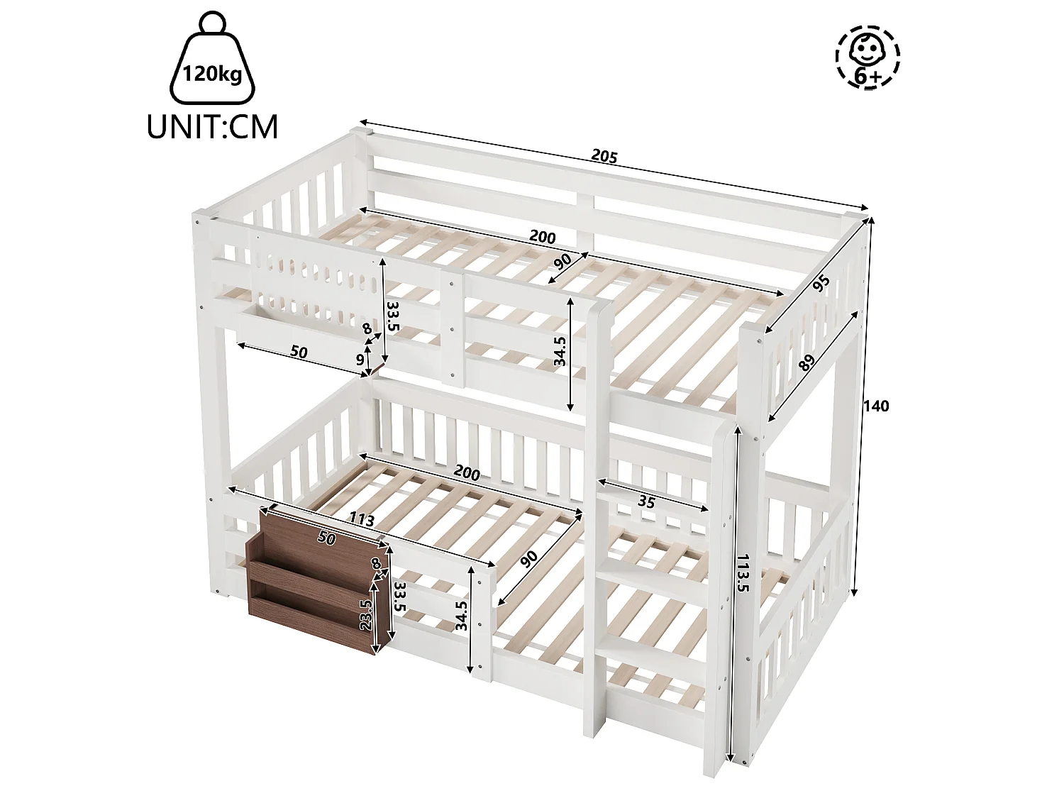 Lit superposé 90x200 cm - avec compartiments de rangement - avec barrières de sécurité - avec échelle - blanc (matelas non inclus)