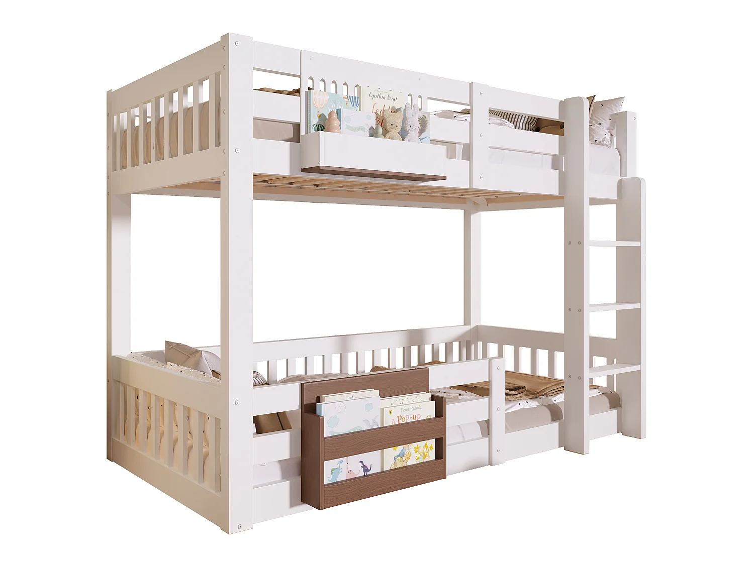 Lit superposé 90x200 cm - avec compartiments de rangement - avec barrières de sécurité - avec échelle - blanc (matelas non inclus)