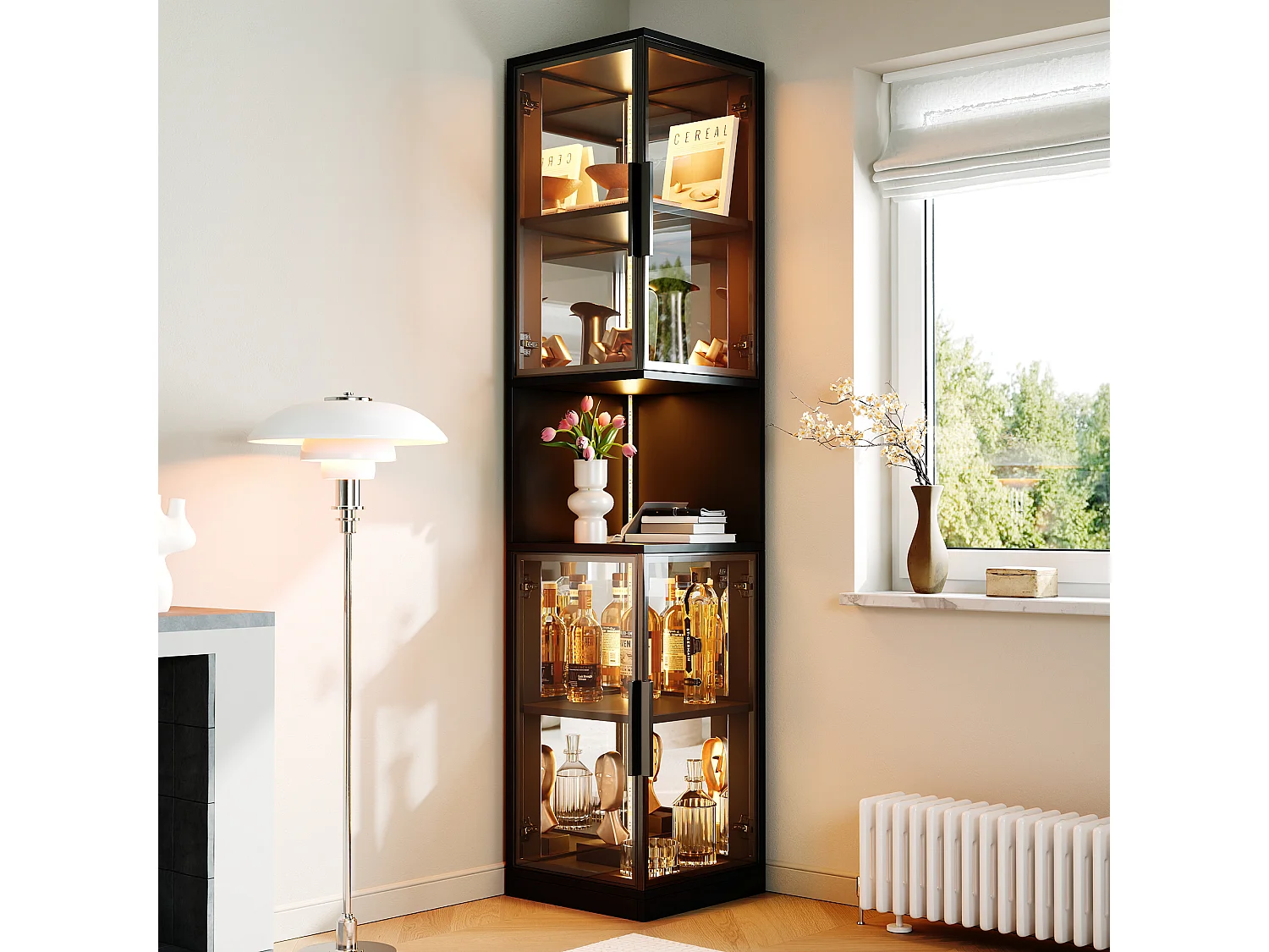 Vitrine d'angle triangulaire 62x32x160 cm - 4 portes vitrées - Éclairage LED - Étagère centrale ouverte - MDF - Noir