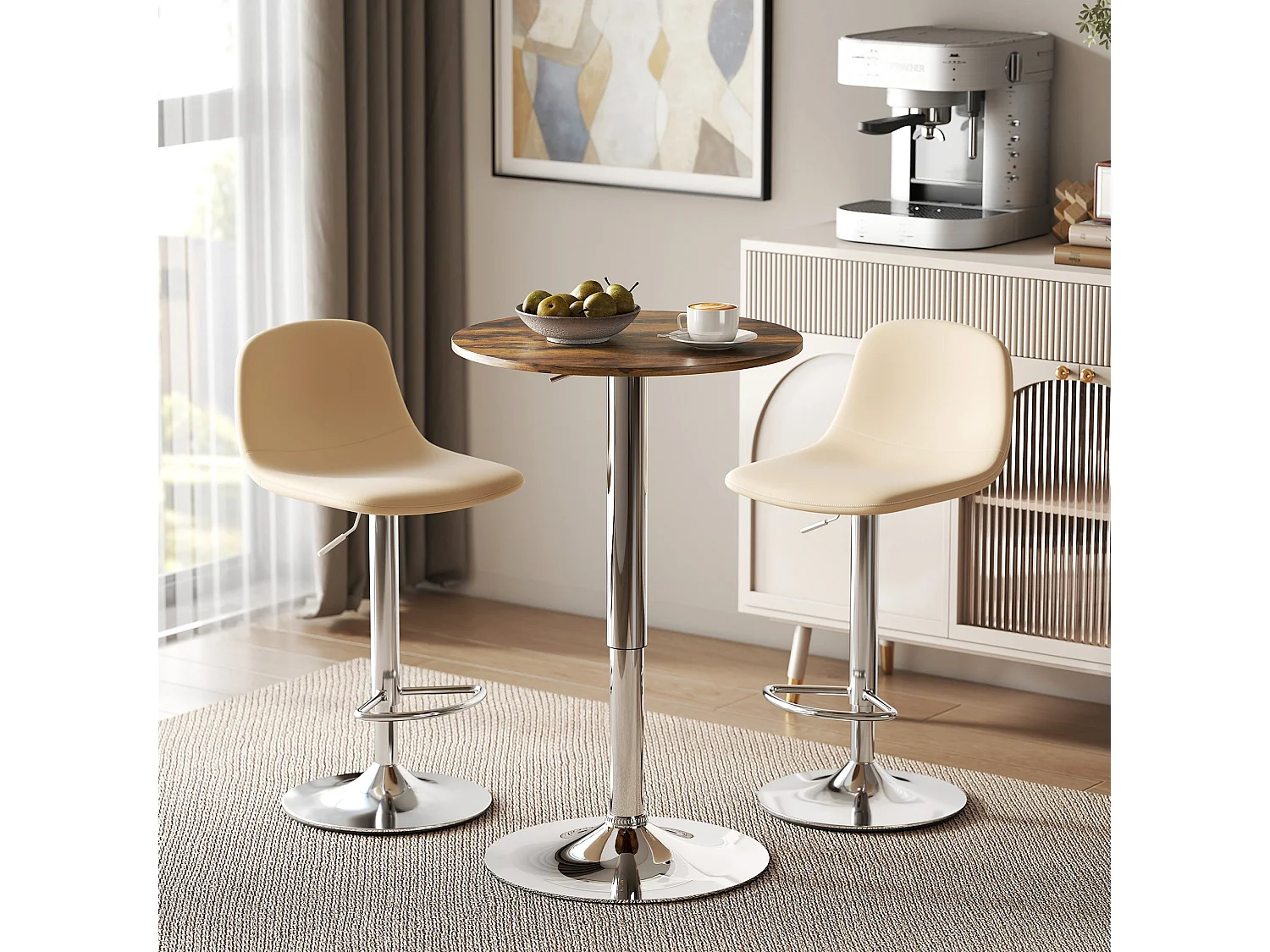 Rustic Brown Adjustable Swivel Round Bar Table with Stainless Steel Base