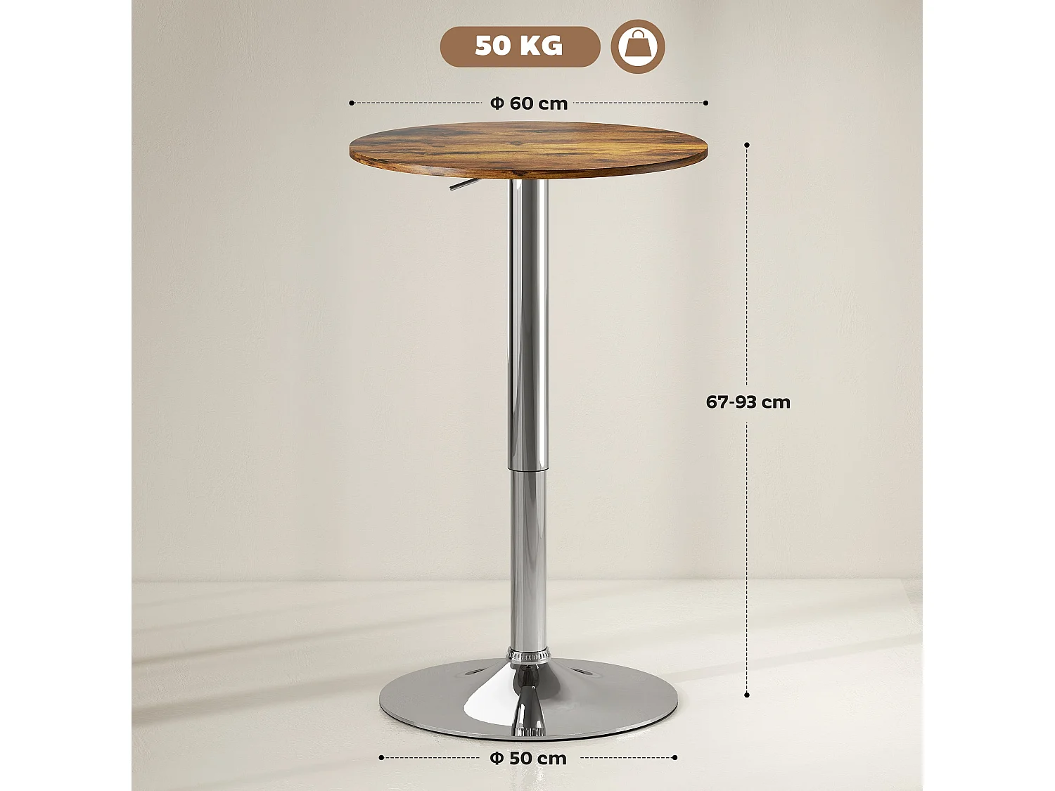 Rustic Brown Adjustable Swivel Round Bar Table with Stainless Steel Base