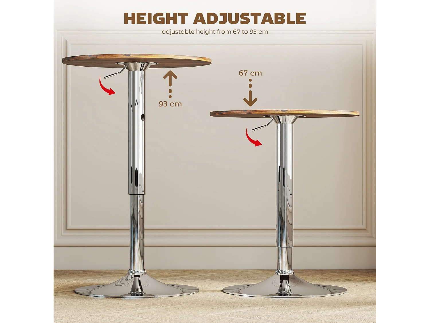 Rustic Brown Adjustable Swivel Round Bar Table with Stainless Steel Base