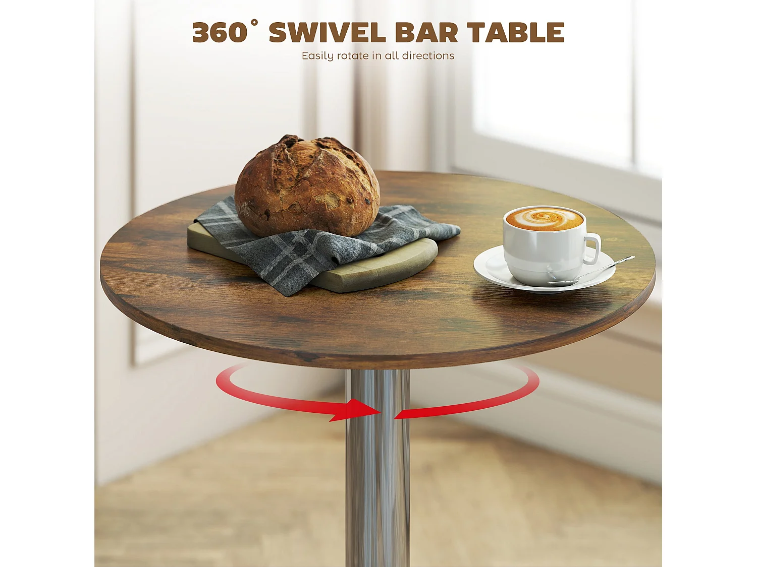 Rustic Brown Adjustable Swivel Round Bar Table with Stainless Steel Base