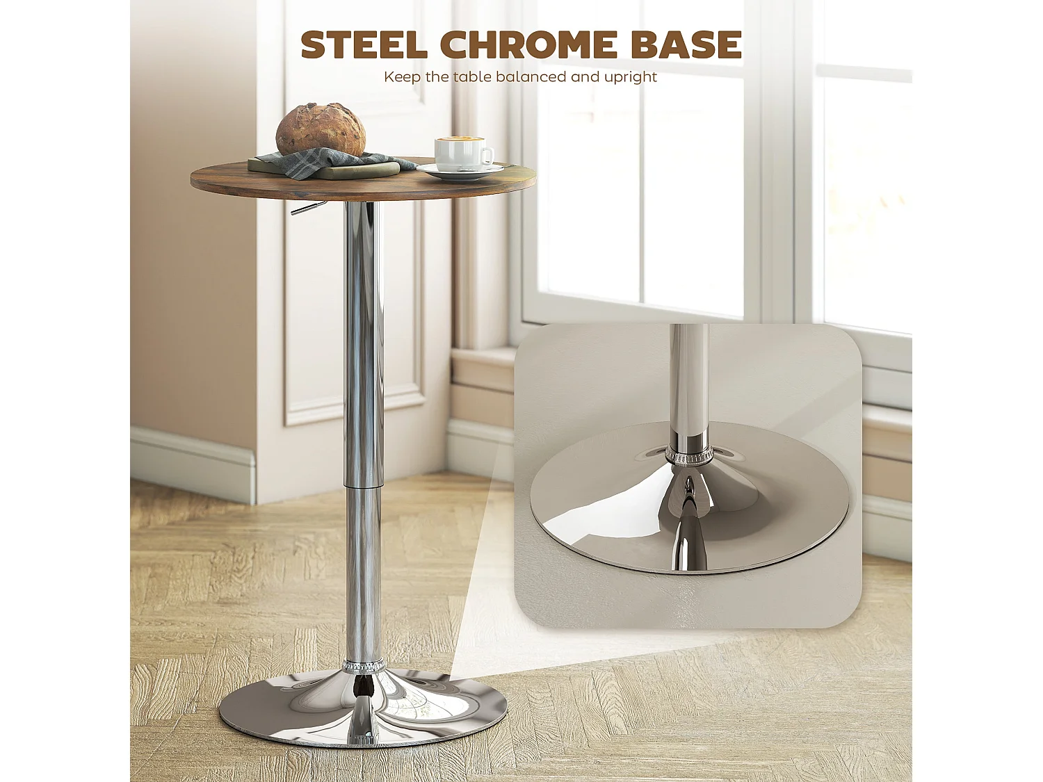 Rustic Brown Adjustable Swivel Round Bar Table with Stainless Steel Base