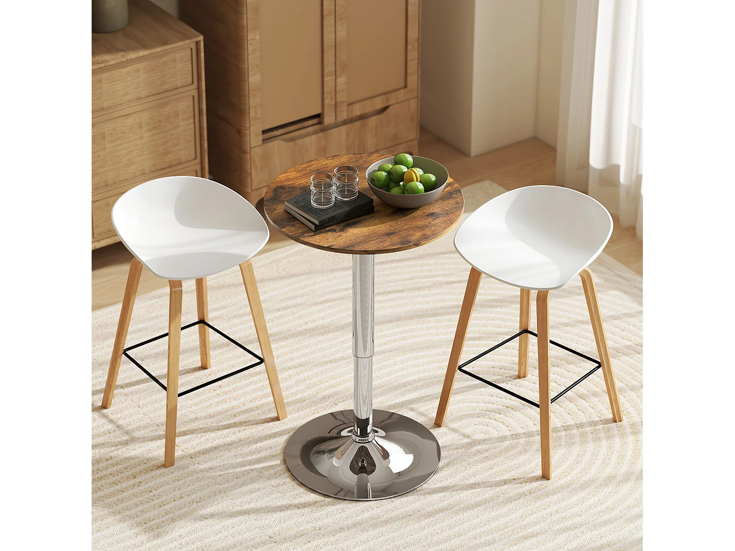 Rustic Brown Adjustable Swivel Round Bar Table with Stainless Steel Base