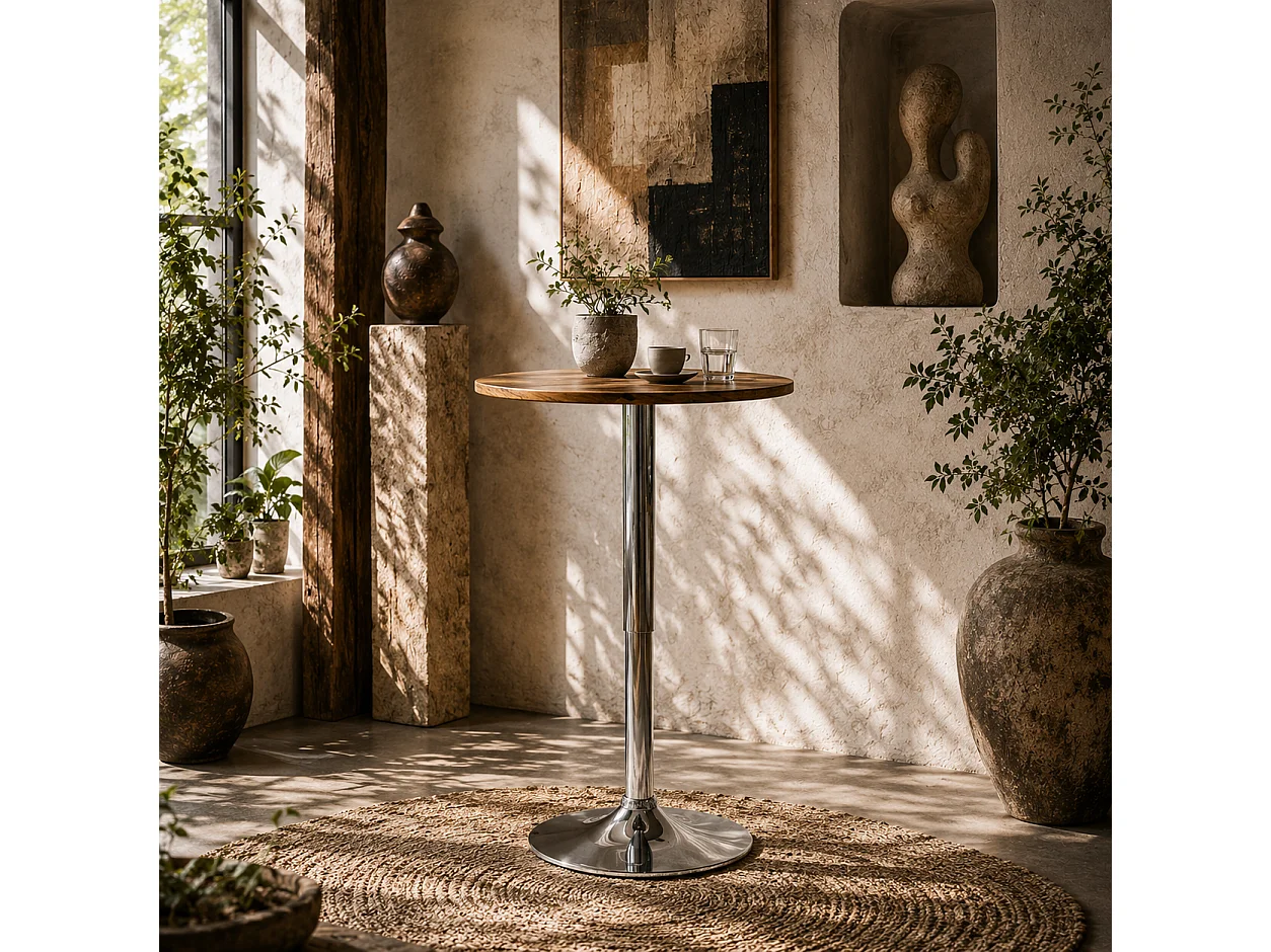 Rustic Brown Adjustable Swivel Round Bar Table with Stainless Steel Base