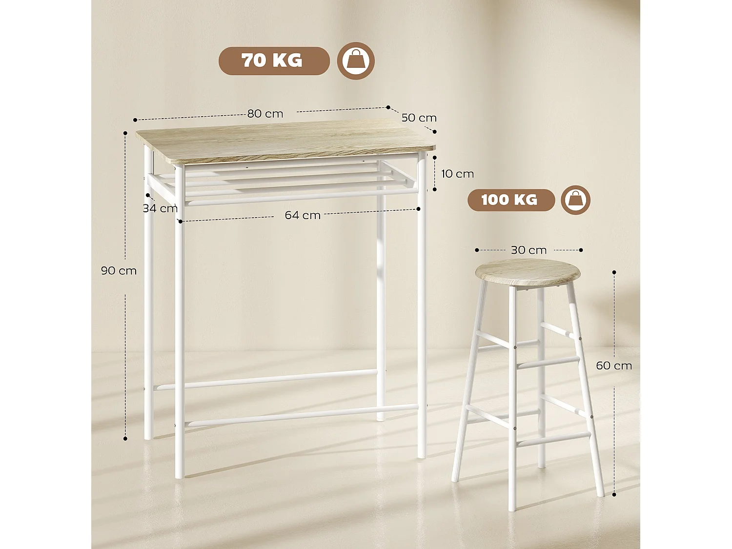 Fira Rodo White and Oak Breakfast Bar Table and 2 Stool Set with Storage