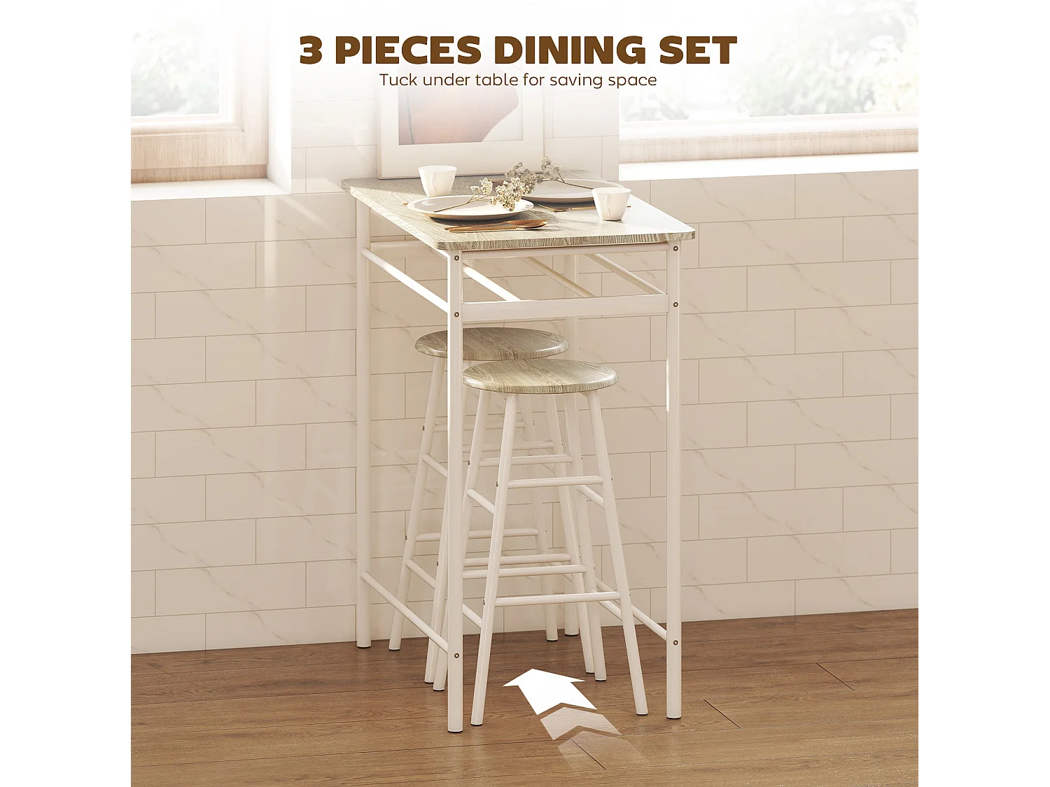 Fira Rodo White and Oak Breakfast Bar Table and 2 Stool Set with Storage