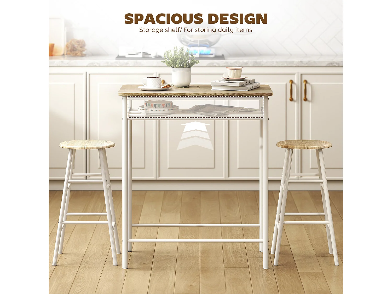 Fira Rodo White and Oak Breakfast Bar Table and 2 Stool Set with Storage