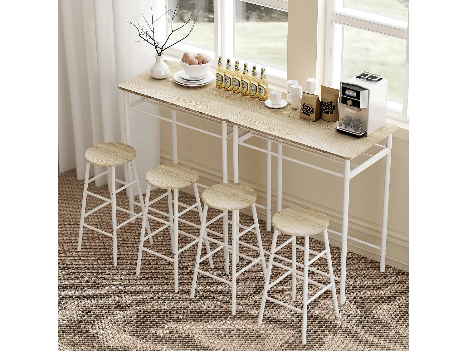 Fira Rodo White and Oak Breakfast Bar Table and 2 Stool Set with Storage