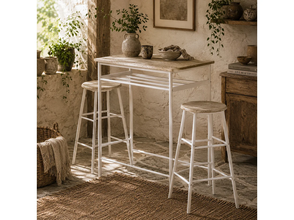 Fira Rodo White and Oak Breakfast Bar Table and 2 Stool Set with Storage