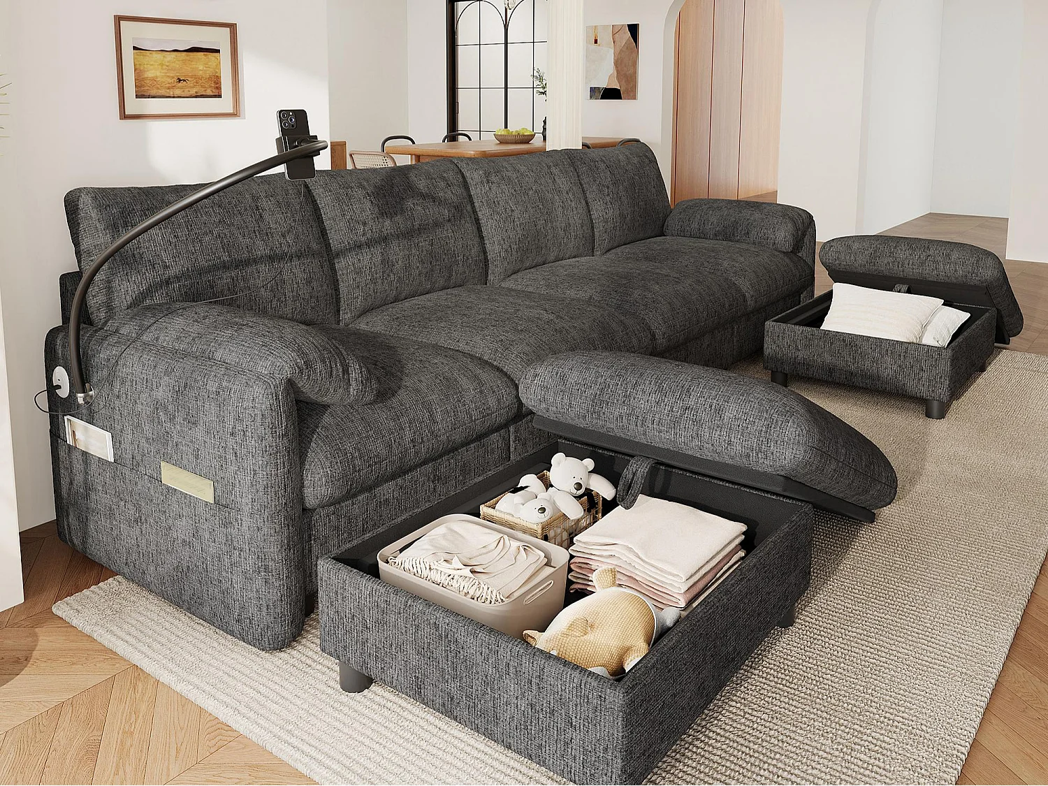 Canapé d'angle en U/L - 6 places - avec 2 poufs de rangement - avec port USB Type-C - avec support pour téléphone - tissu chenille - gris