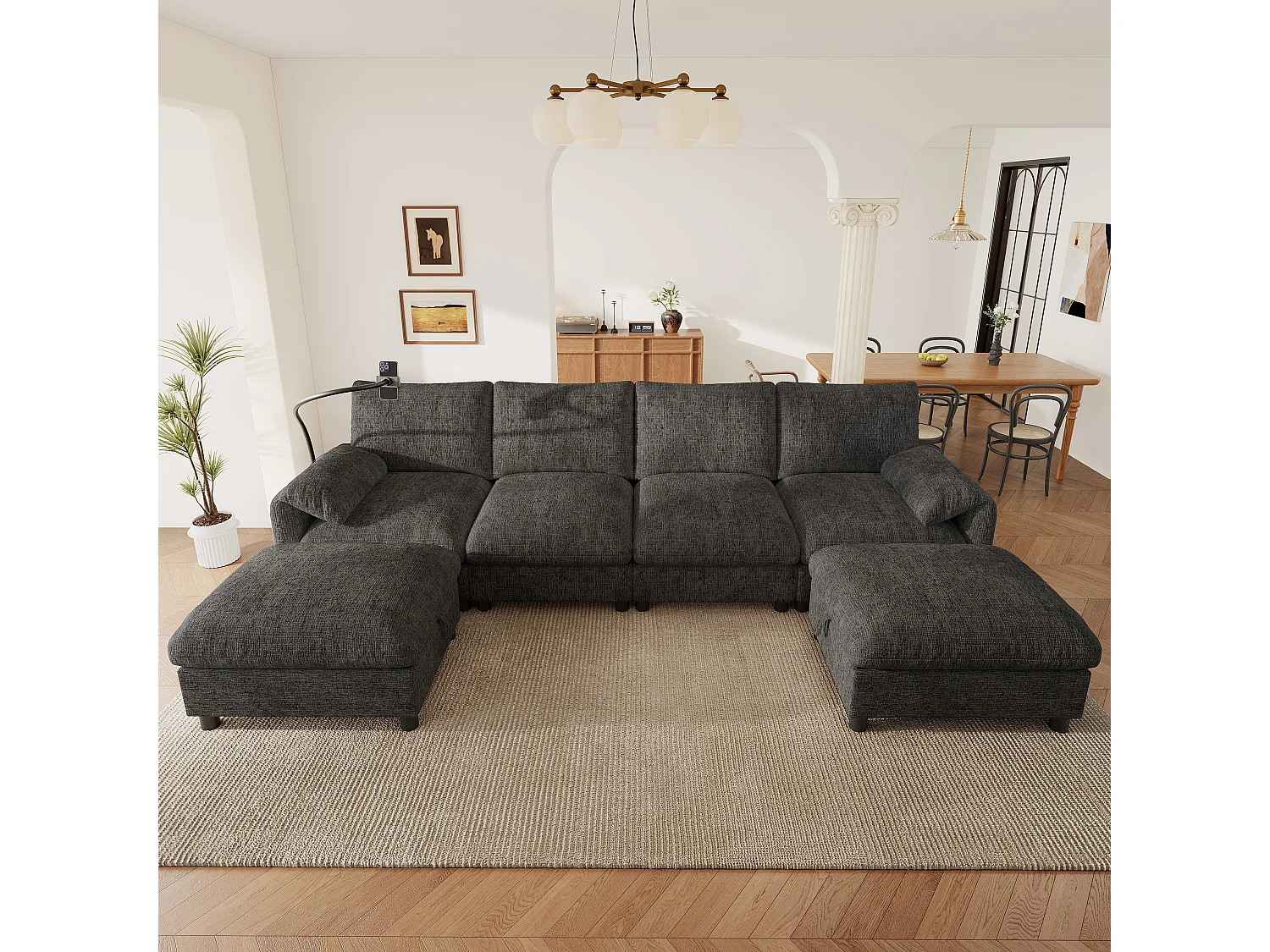 Canapé d'angle en U/L - 6 places - avec 2 poufs de rangement - avec port USB Type-C - avec support pour téléphone - tissu chenille - gris