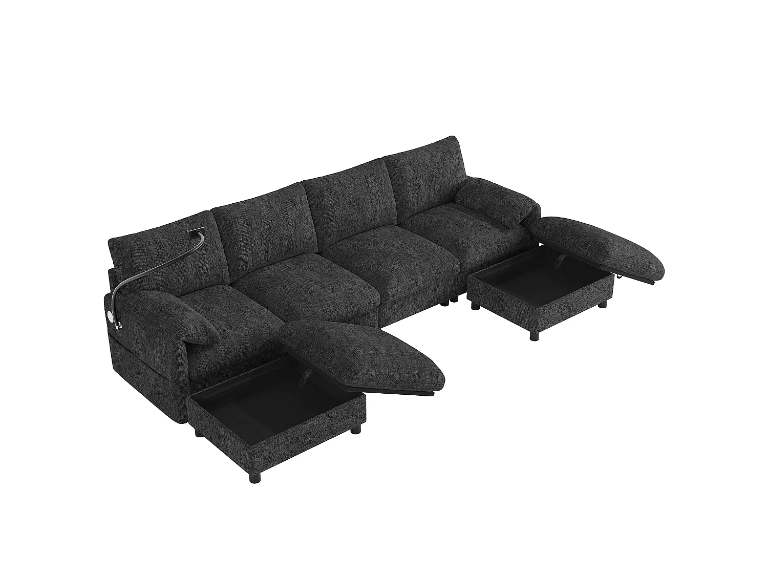 Canapé d'angle en U/L - 6 places - avec 2 poufs de rangement - avec port USB Type-C - avec support pour téléphone - tissu chenille - gris