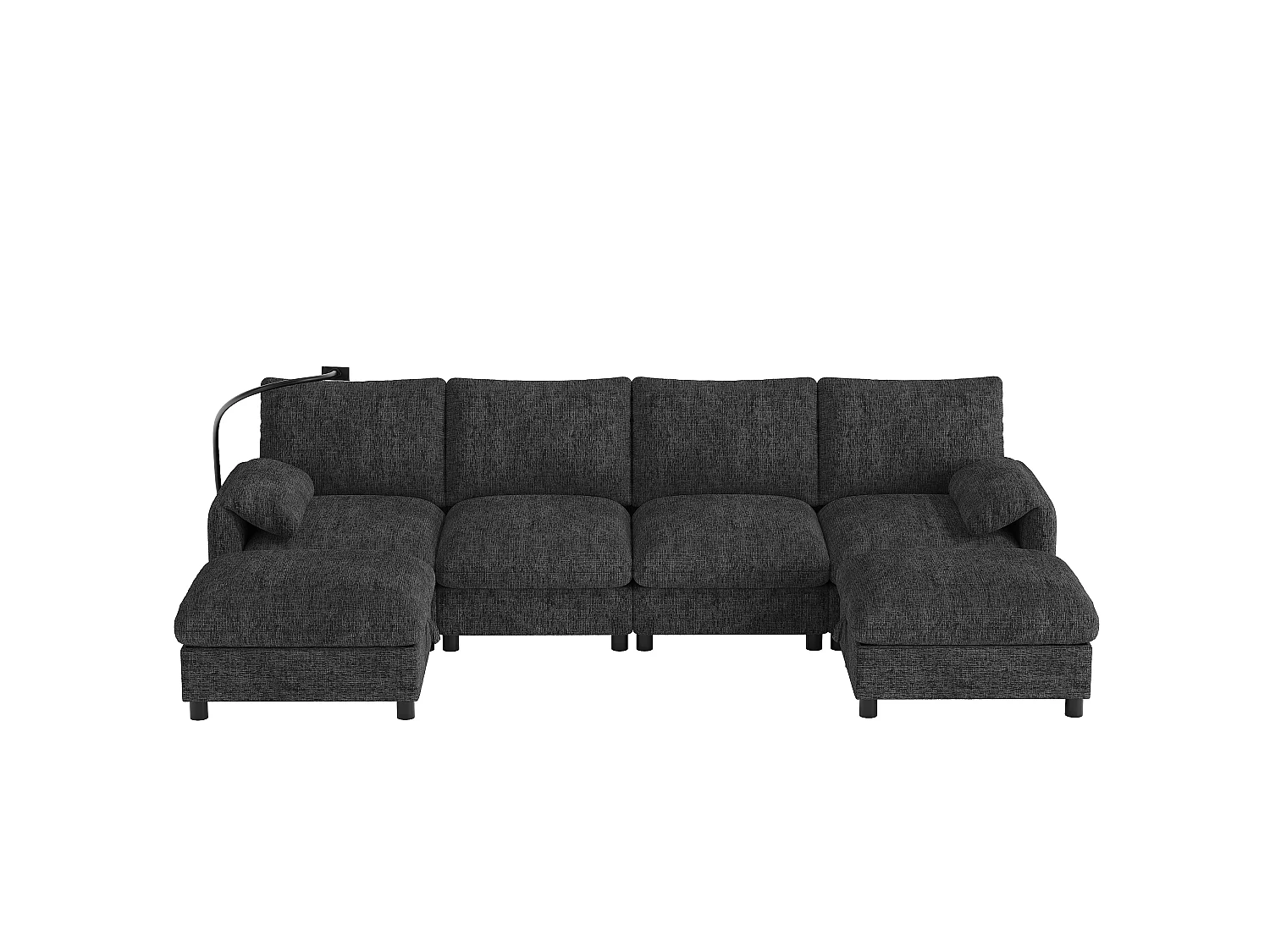 Canapé d'angle en U/L - 6 places - avec 2 poufs de rangement - avec port USB Type-C - avec support pour téléphone - tissu chenille - gris