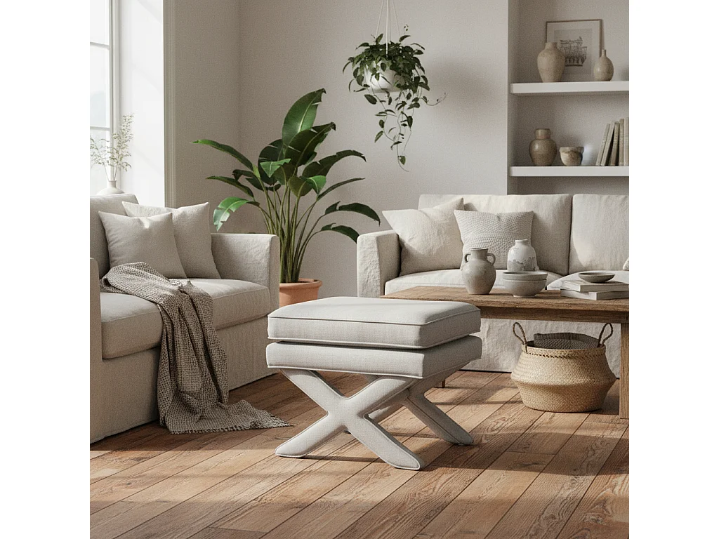 Theodor Light Grey Linen Blend Stool with X Cross Legs