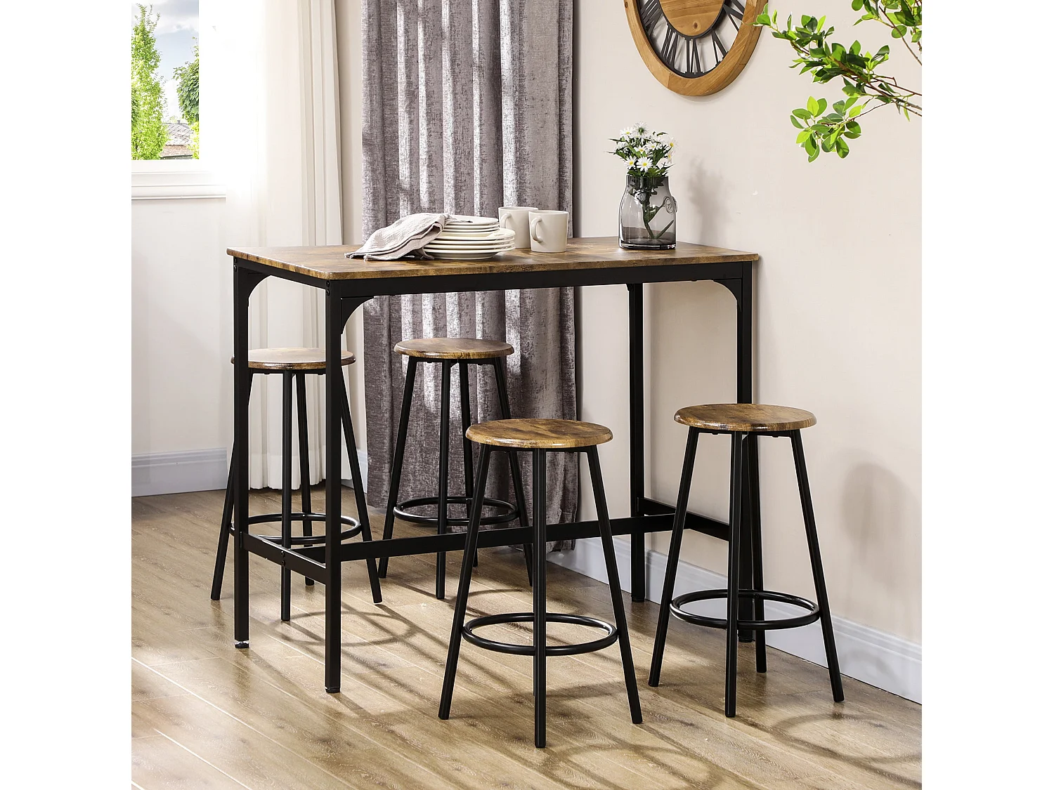 Soka 5 Piece Industrial Bar Table and Stool Set Rustic Brown MDF Top Black Metal Frame