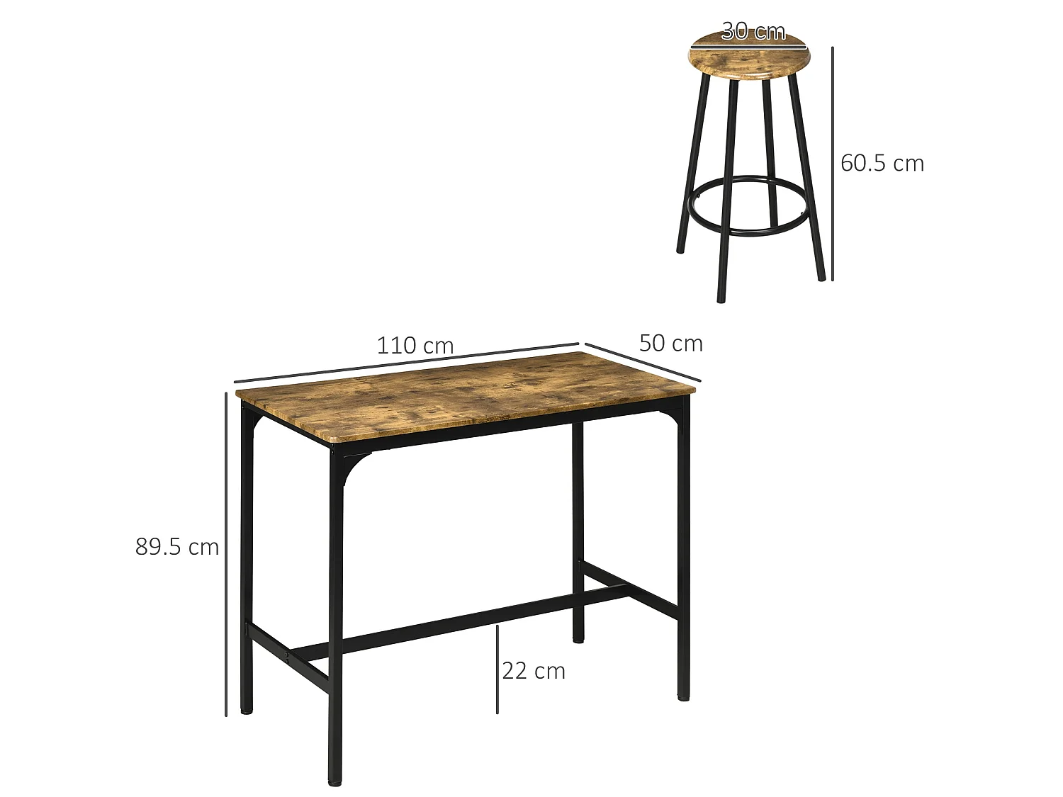 Soka 5 Piece Industrial Bar Table and Stool Set Rustic Brown MDF Top Black Metal Frame