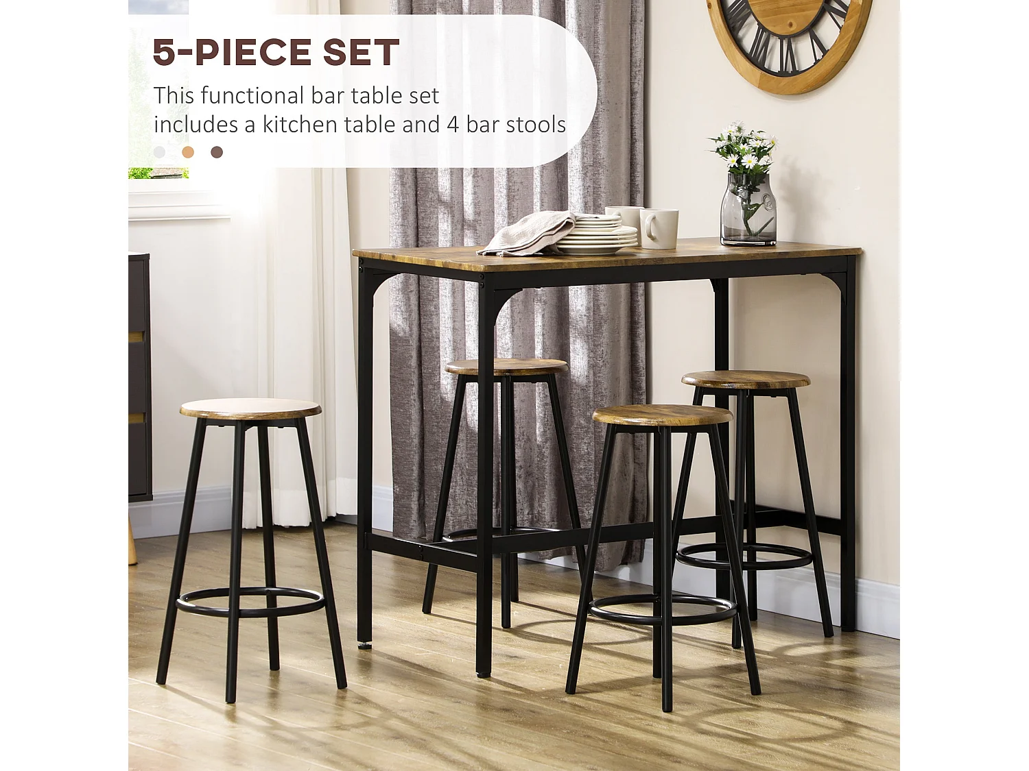 Soka 5 Piece Industrial Bar Table and Stool Set Rustic Brown MDF Top Black Metal Frame