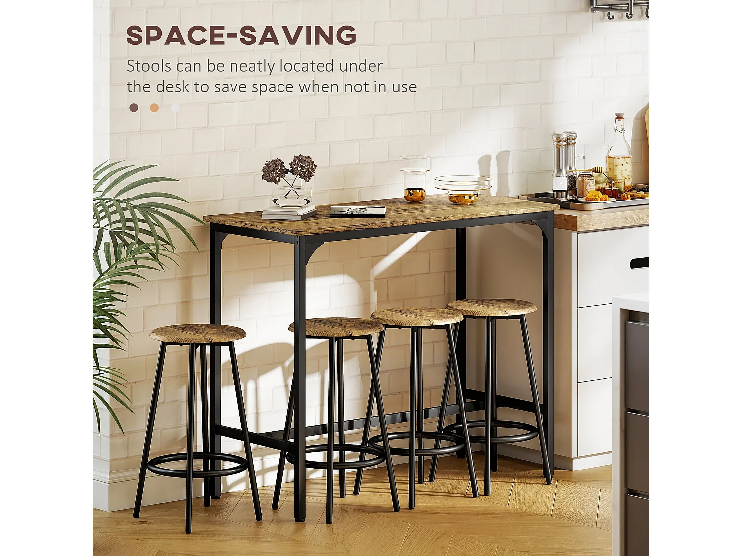 Soka 5 Piece Industrial Bar Table and Stool Set Rustic Brown MDF Top Black Metal Frame
