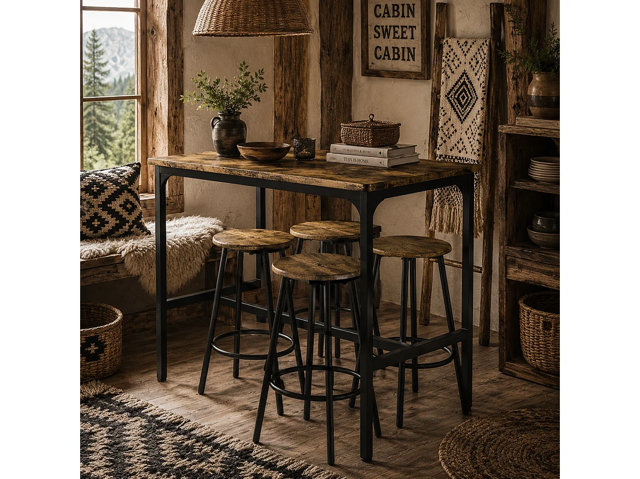 Soka 5 Piece Industrial Bar Table and Stool Set Rustic Brown MDF Top Black Metal Frame
