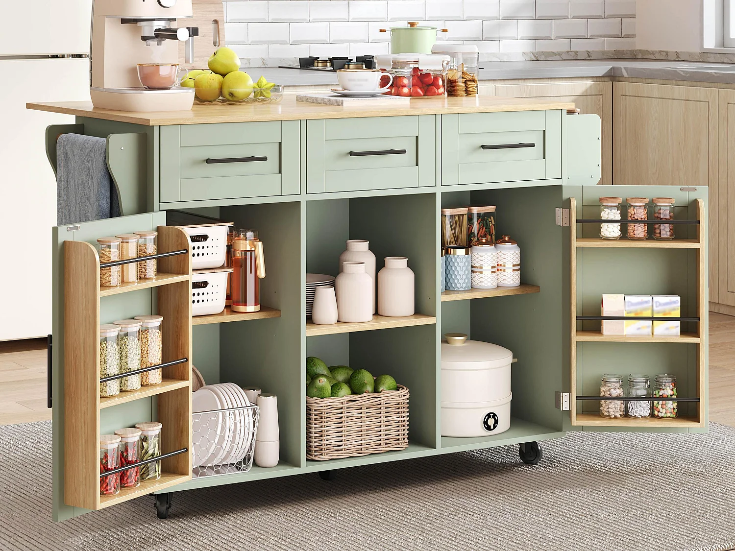 Kitchen Island - Foldable Dining Table - with 2 doors and 3 drawers - with wheels - replaceable solid wood legs - green