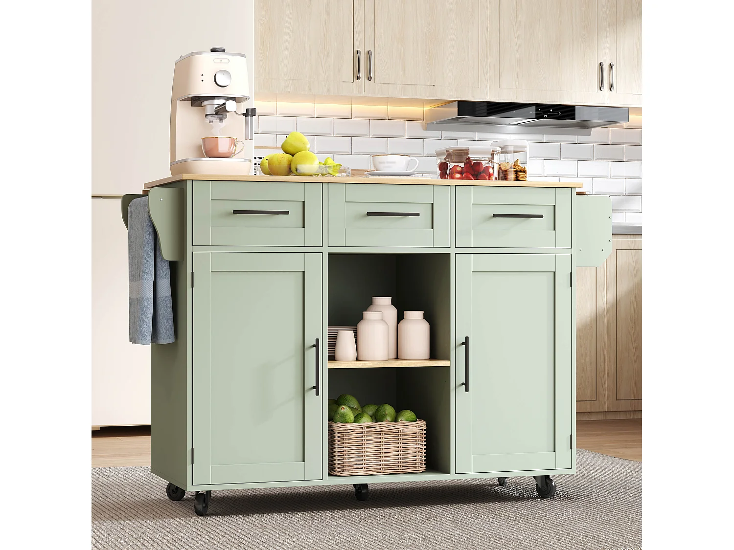 Kitchen Island - Foldable Dining Table - with 2 doors and 3 drawers - with wheels - replaceable solid wood legs - green