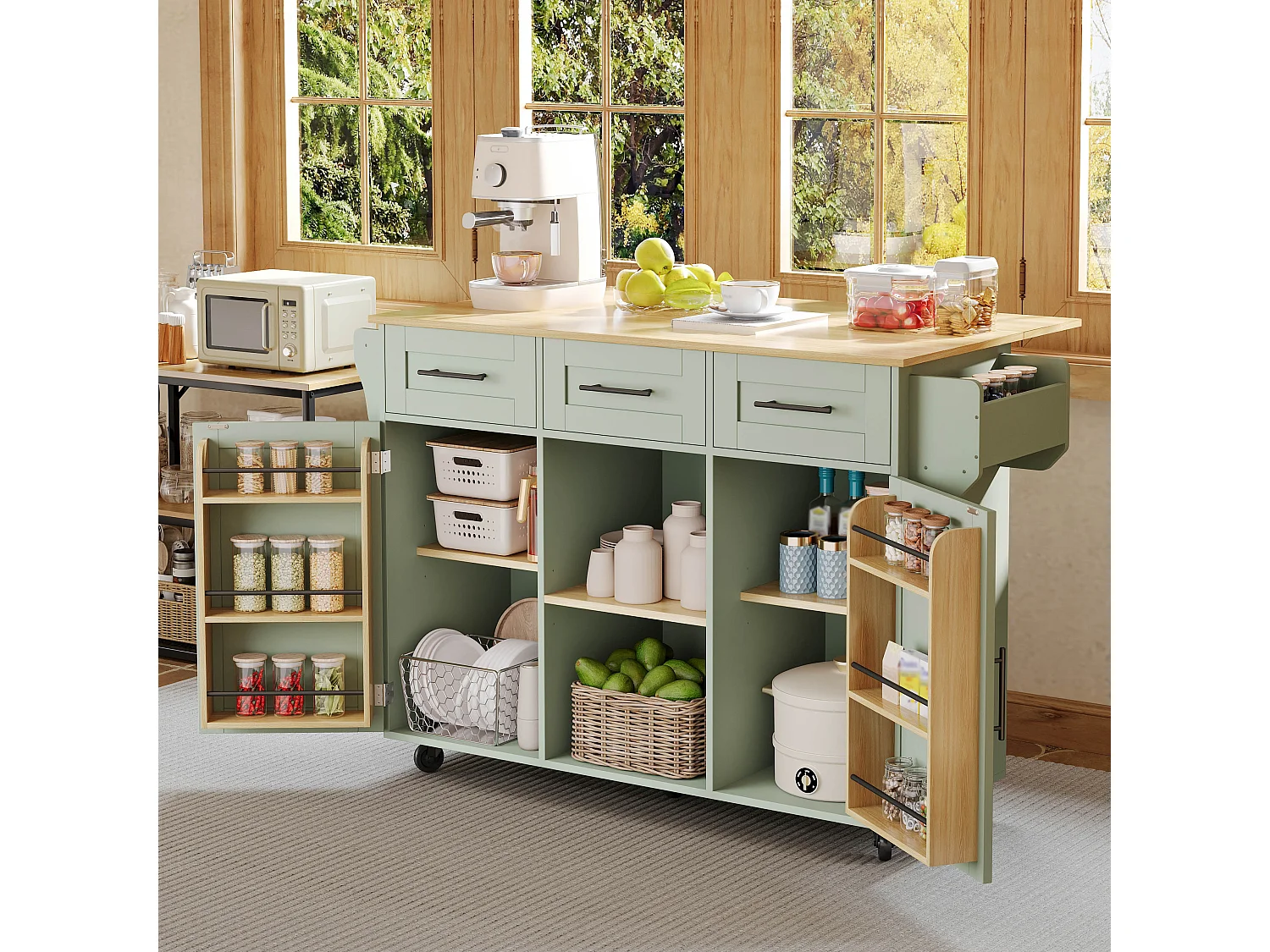 Kitchen Island - Foldable Dining Table - with 2 doors and 3 drawers - with wheels - replaceable solid wood legs - green