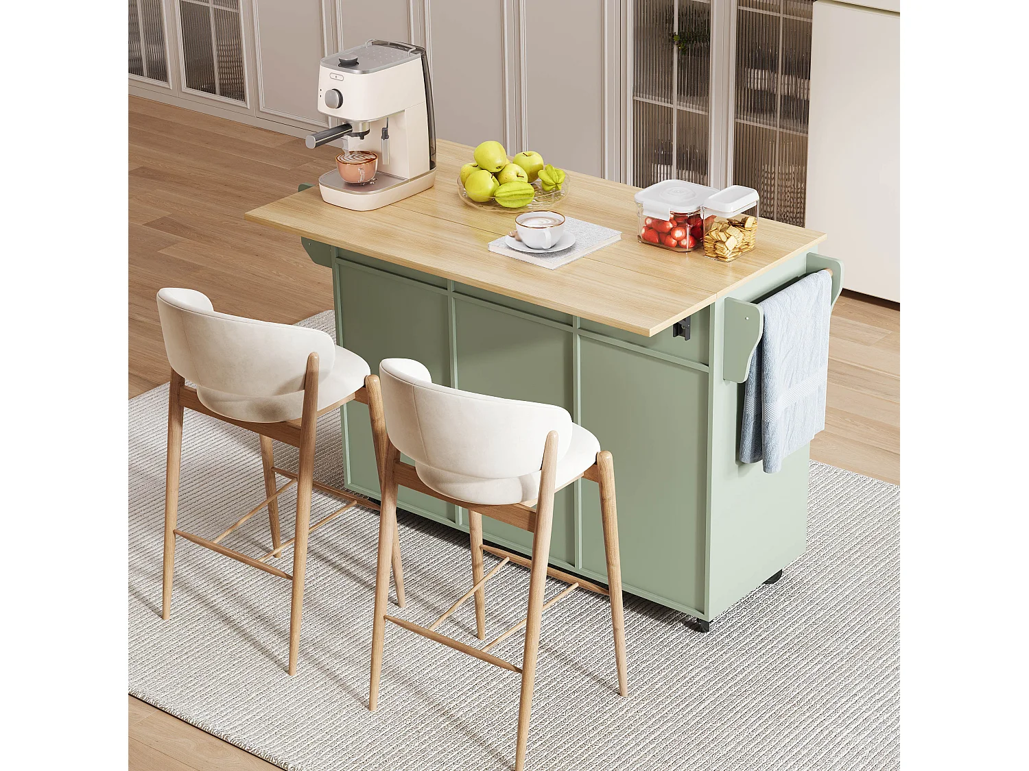 Kitchen Island - Foldable Dining Table - with 2 doors and 3 drawers - with wheels - replaceable solid wood legs - green