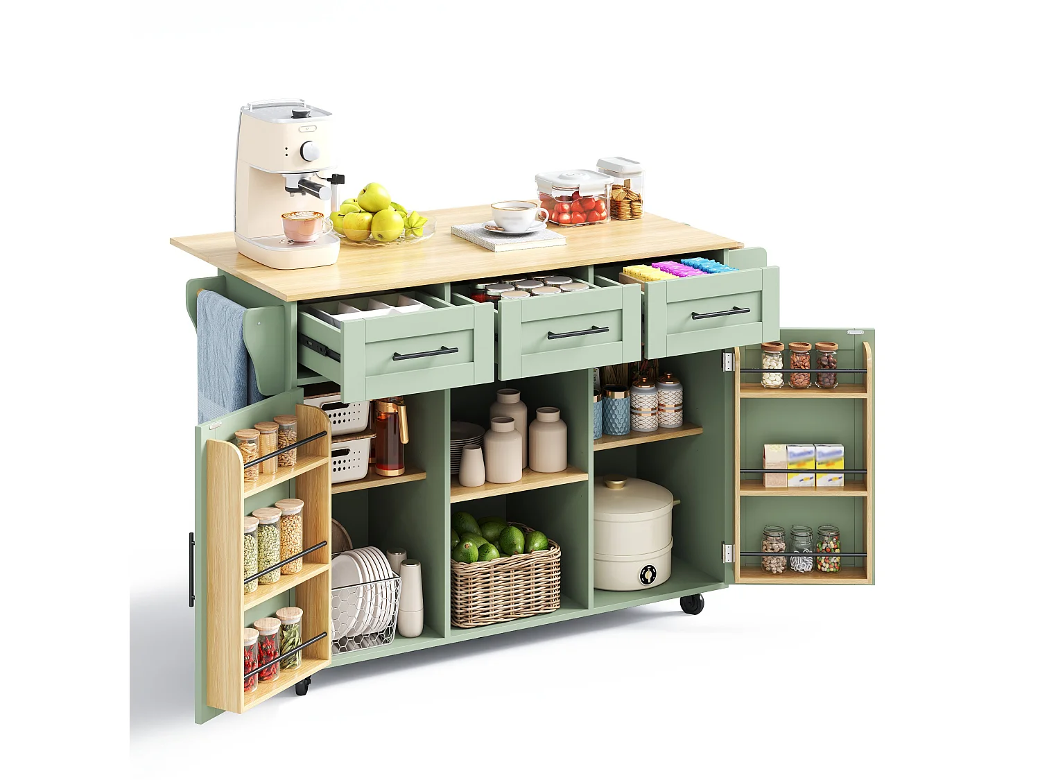 Kitchen Island - Foldable Dining Table - with 2 doors and 3 drawers - with wheels - replaceable solid wood legs - green
